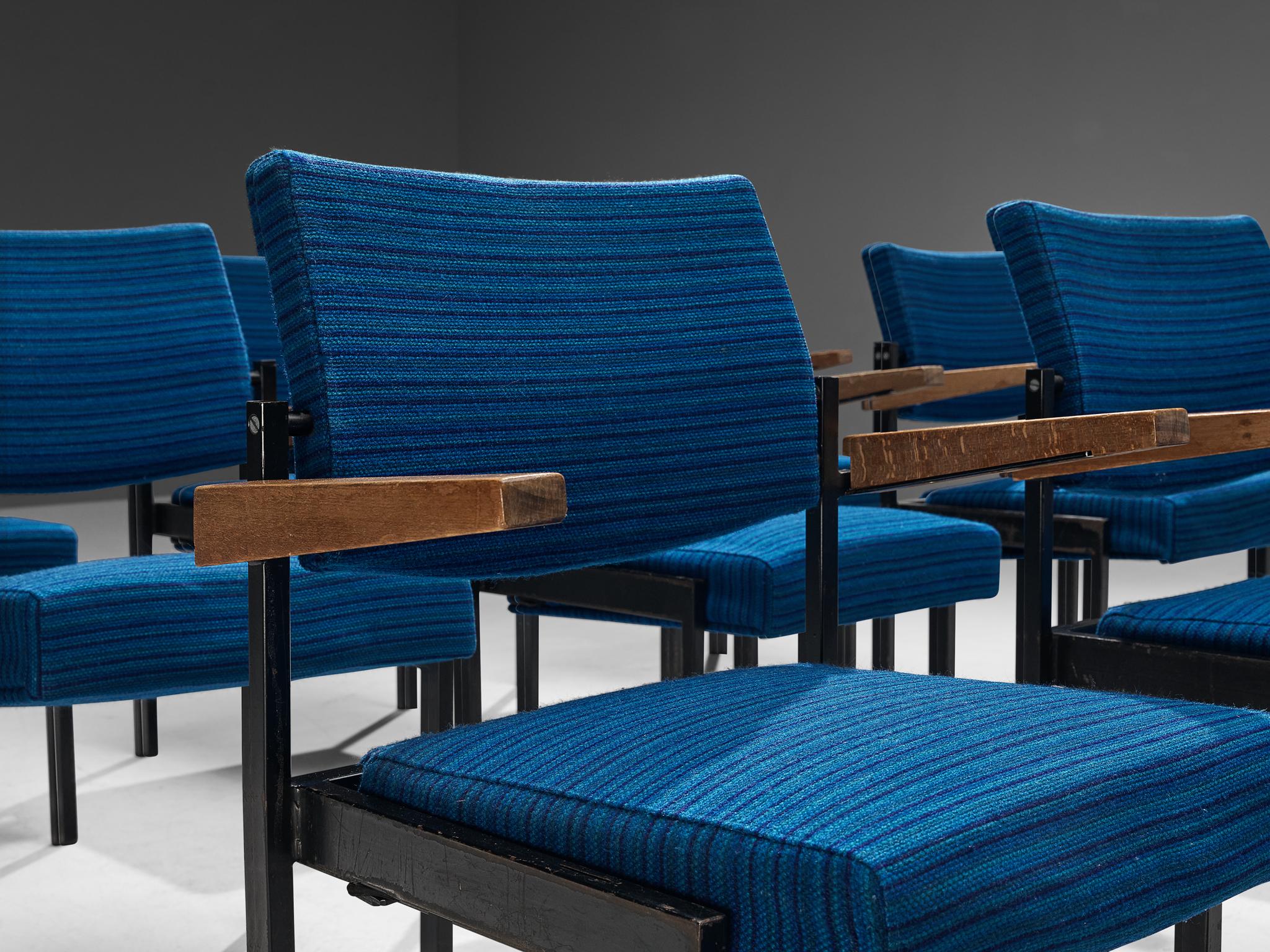 Mid-20th Century Set of Six Stackable Armchairs in Blue Upholstery and Black Metal Frame For Sale