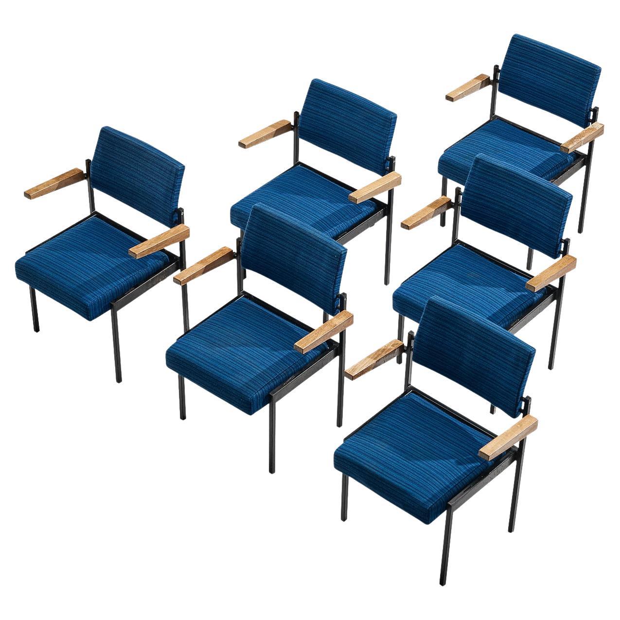 Set of Six Stackable Armchairs in Blue Upholstery and Black Metal Frame