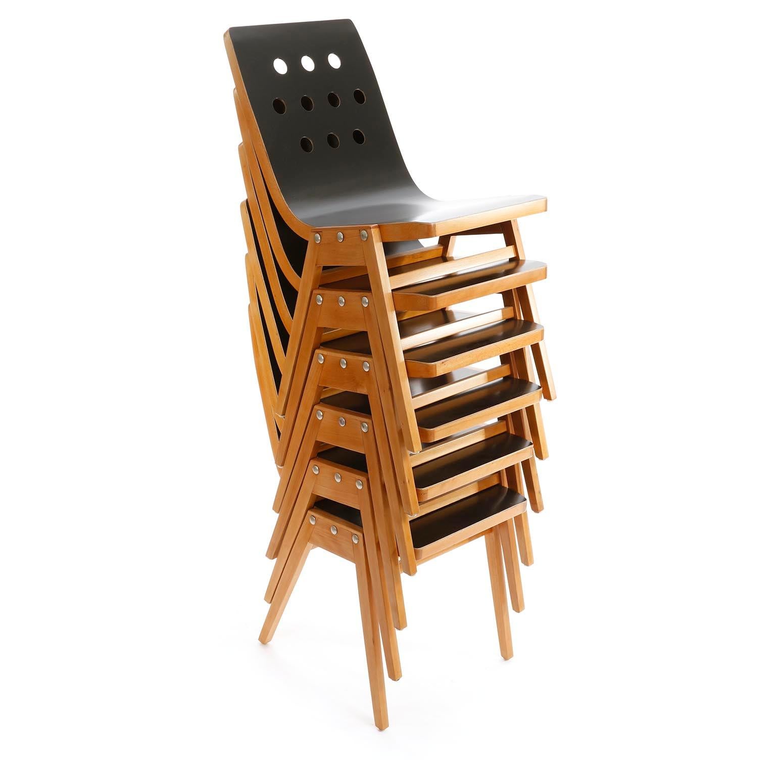 Set of Six Stacking Chairs by Roland Rainer, Black Beech Wood, Vienna, 1950s 4