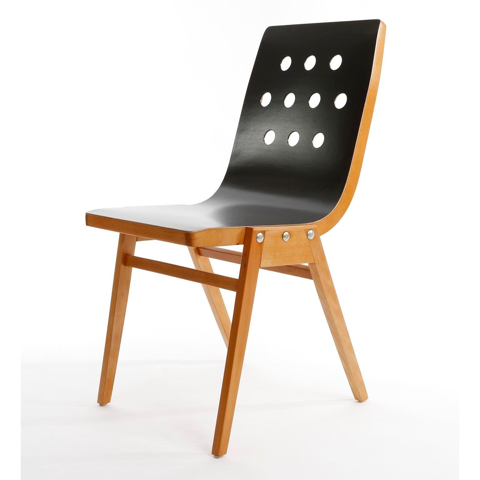 Mid-Century Modern Set of Six Stacking Chairs by Roland Rainer, Black Beech Wood, Vienna, 1950s