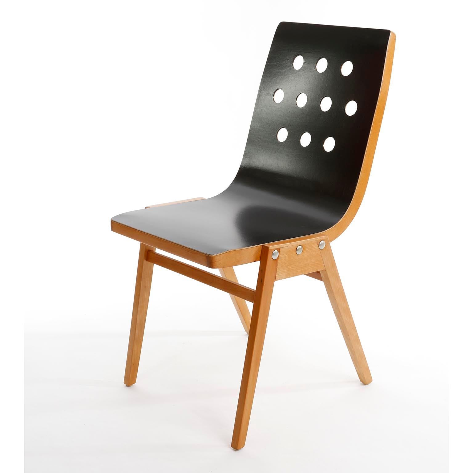 Austrian Set of Six Stacking Chairs by Roland Rainer, Black Beech Wood, Vienna, 1950s