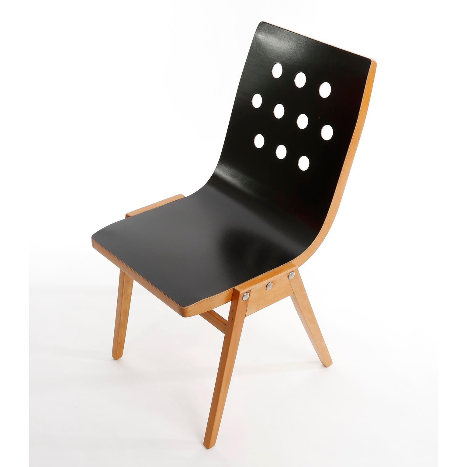 Set of Six Stacking Chairs by Roland Rainer, Black Beech Wood, Vienna, 1950s In Good Condition In Hausmannstätten, AT