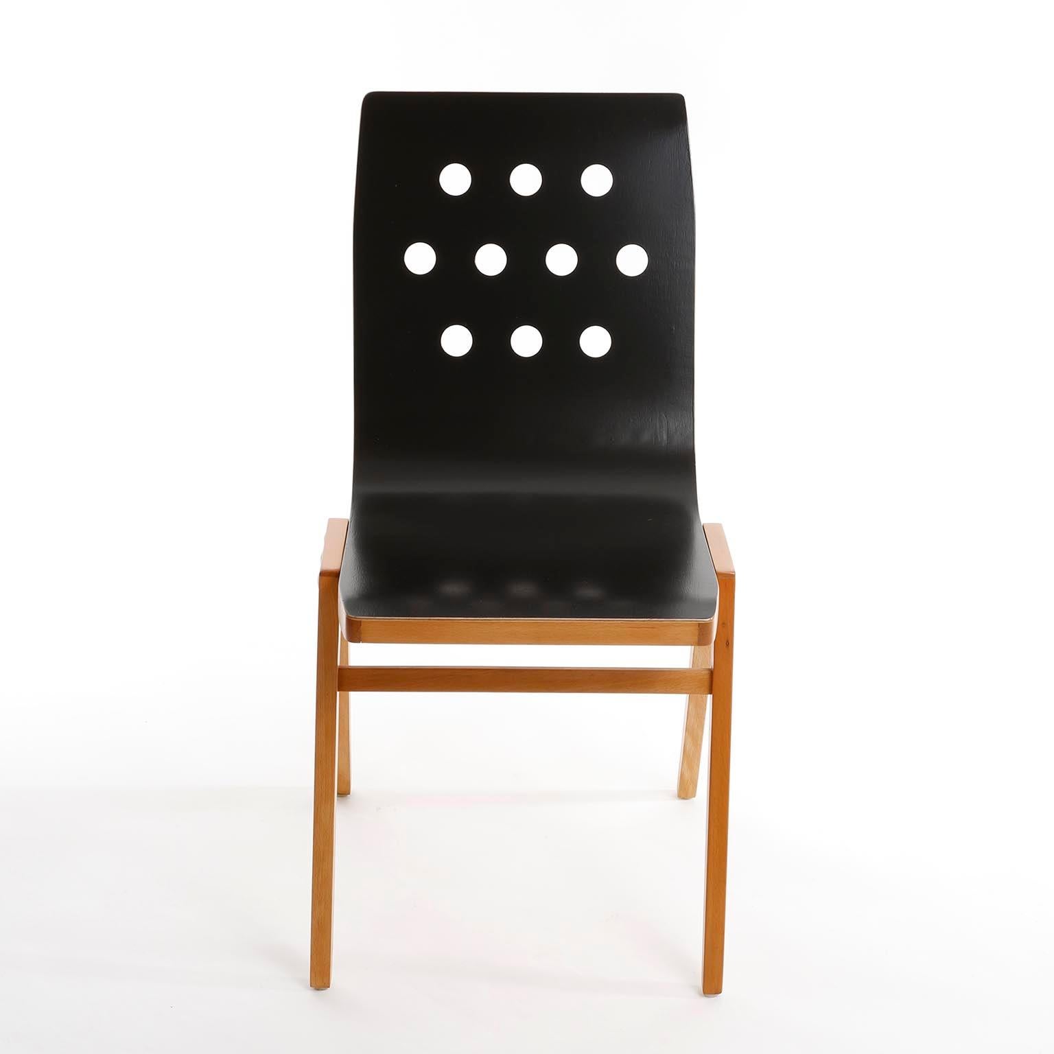 Mid-20th Century Set of Six Stacking Chairs by Roland Rainer, Black Beech Wood, Vienna, 1950s