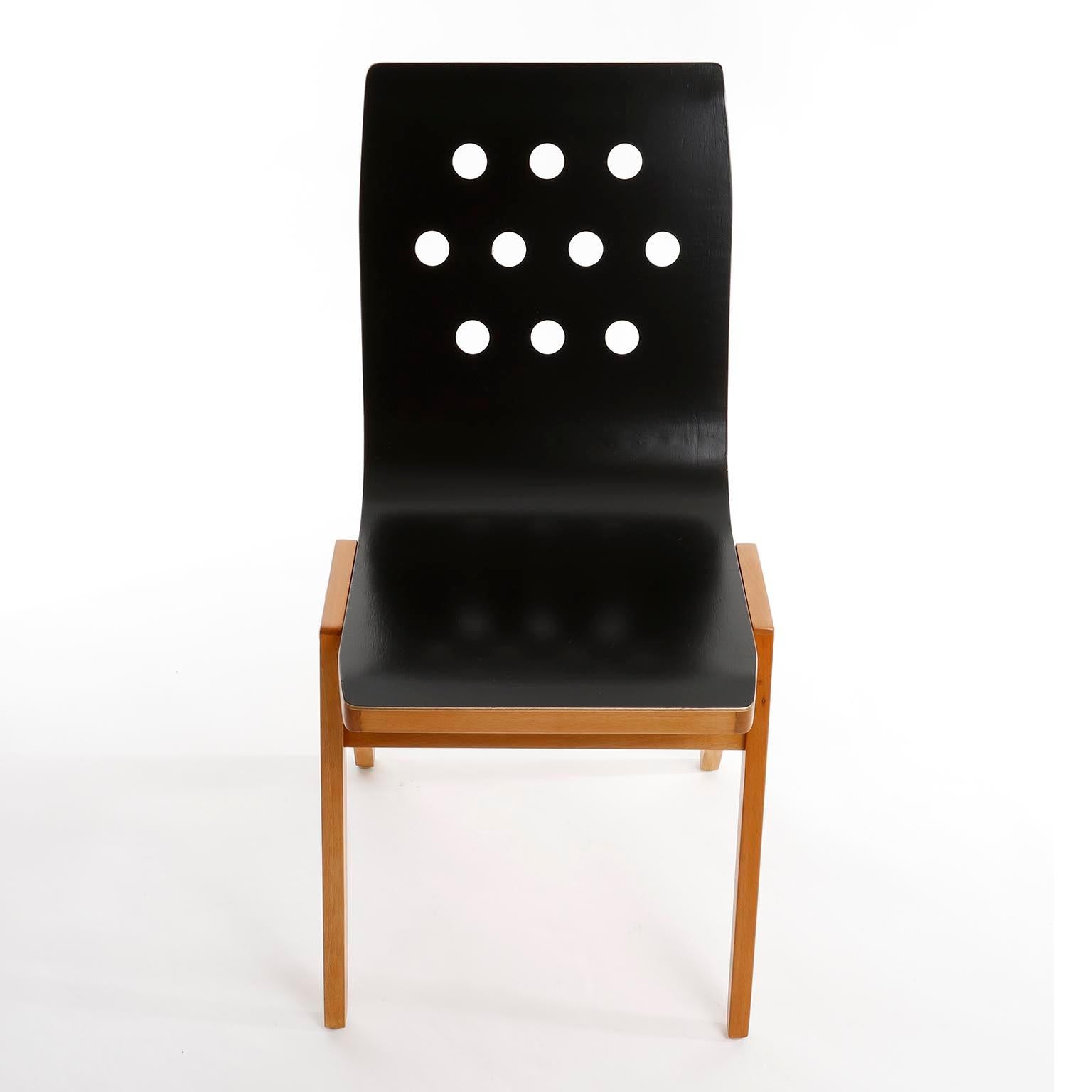 Set of Six Stacking Chairs by Roland Rainer, Black Beech Wood, Vienna, 1950s 1
