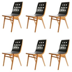 Set of Six Stacking Chairs by Roland Rainer, Black Beech Wood, Vienna, 1950s