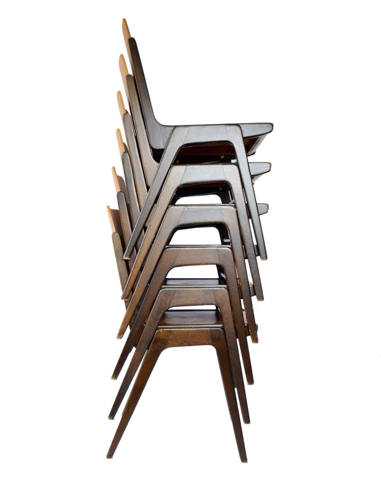 Ensemble de six chaises empilables Franz Schuster, bois de hêtre bicolore, Autriche, 1959 en vente 3