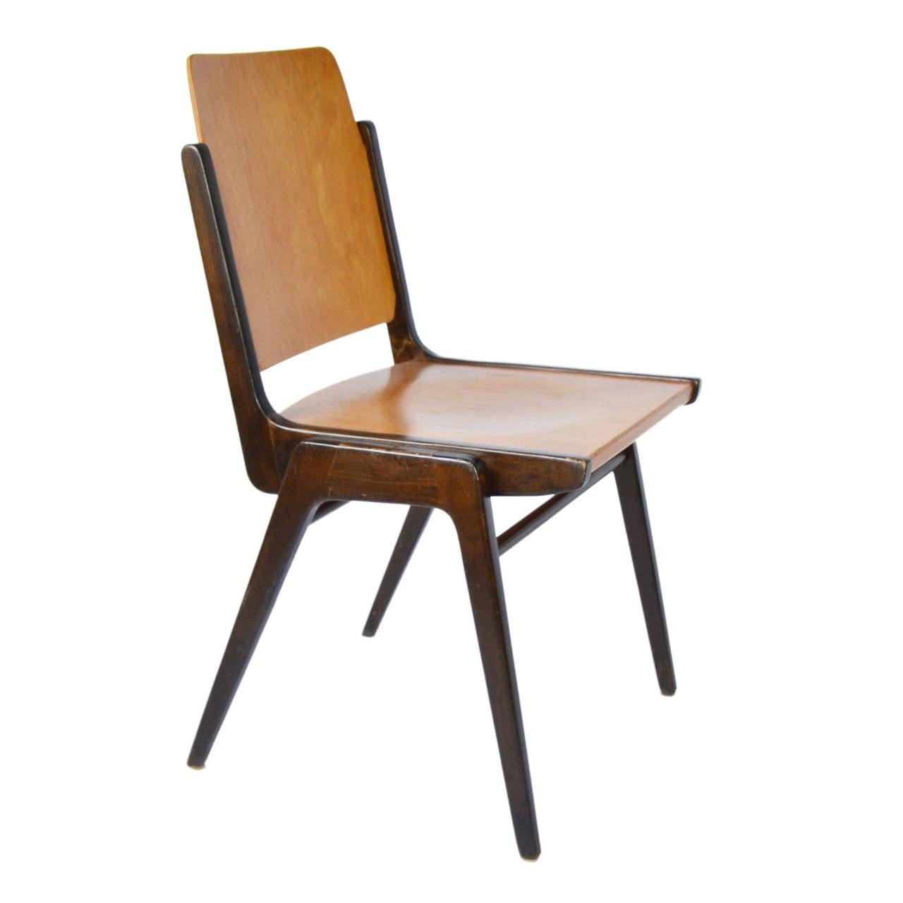 Tacheté Ensemble de six chaises empilables Franz Schuster, bois de hêtre bicolore, Autriche, 1959 en vente