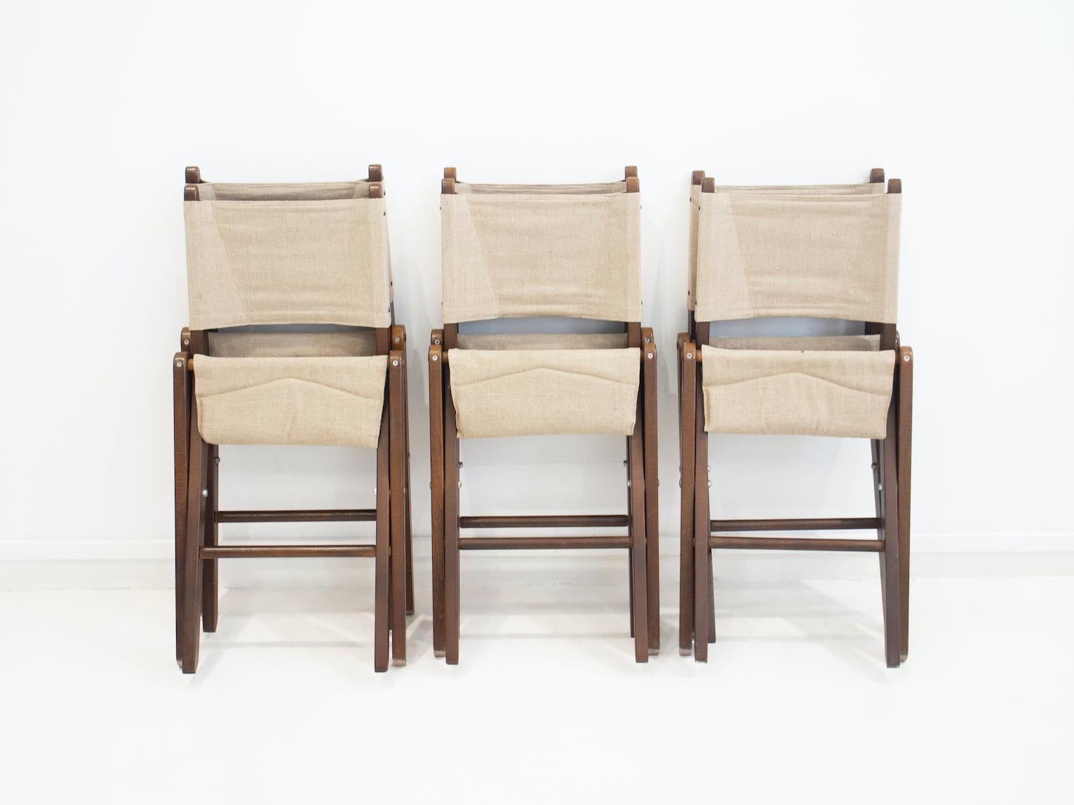 Set of Six Stained Beech Folding Chairs with Canvas Seat and Backrest For Sale 5