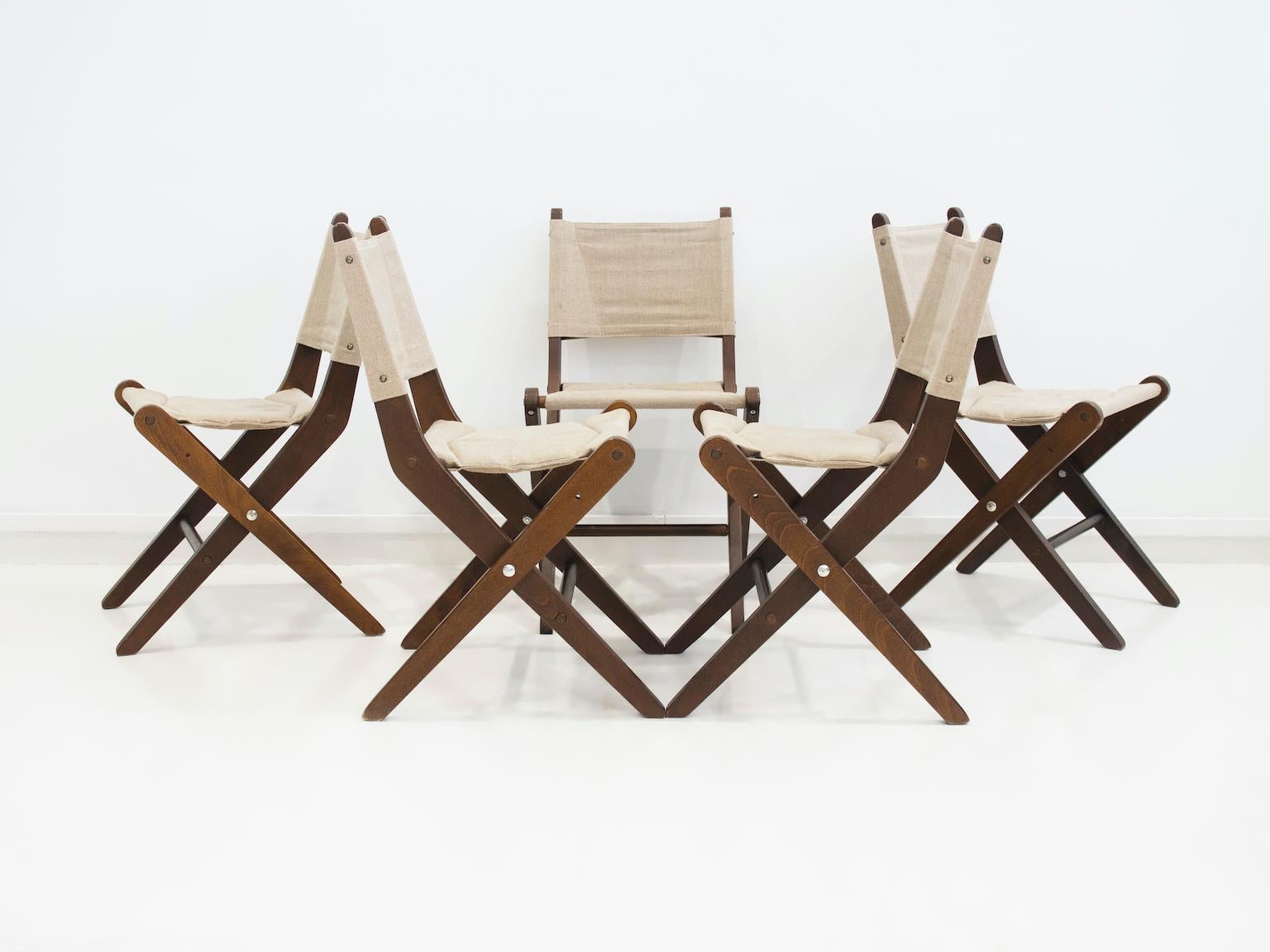 Danish Set of Six Stained Beech Folding Chairs with Canvas Seat and Backrest For Sale