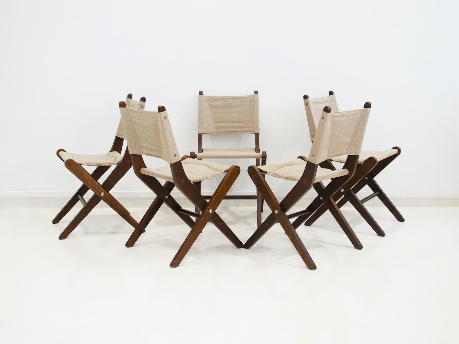 Set of Six Stained Beech Folding Chairs with Canvas Seat and Backrest In Good Condition For Sale In Madrid, ES