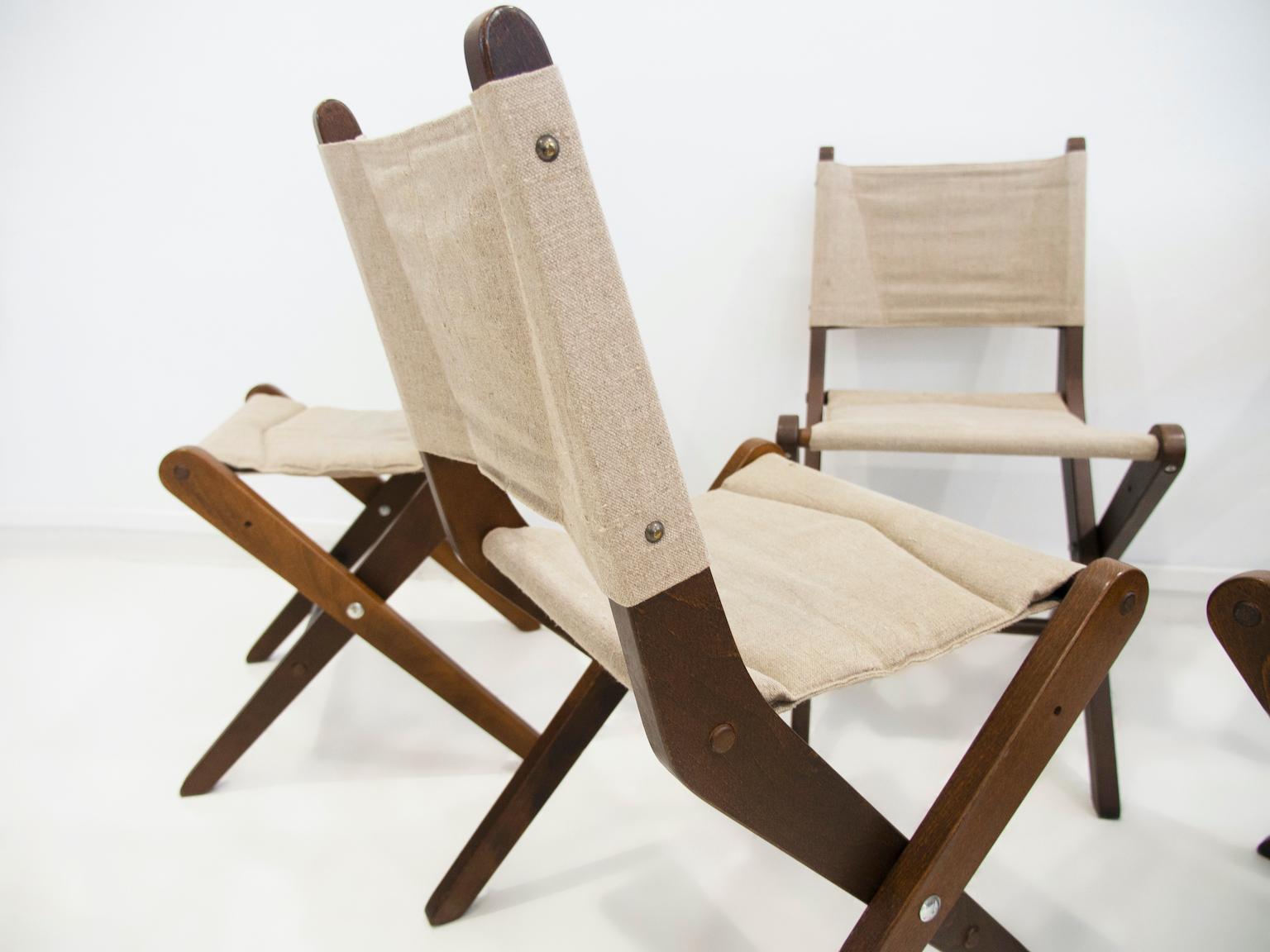 20th Century Set of Six Stained Beech Folding Chairs with Canvas Seat and Backrest For Sale