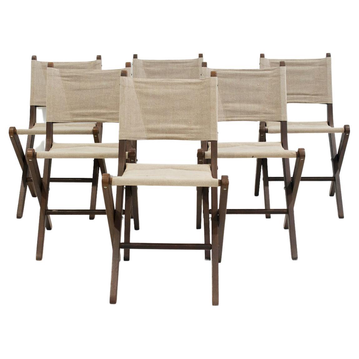 Set of Six Stained Beech Folding Chairs with Canvas Seat and Backrest For Sale