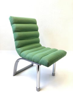 Set of Six Stainless Steel and Green Fabric Dining Chairs by Jay Spectre