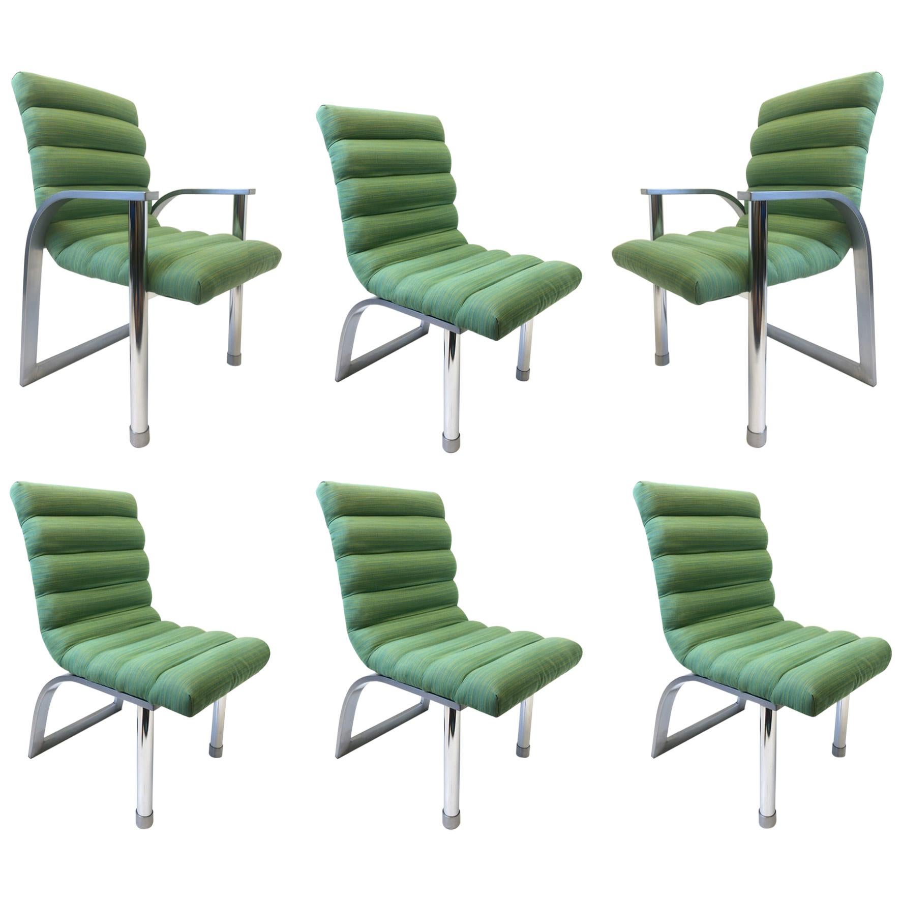 Ensemble de six chaises de salle à manger en acier inoxydable et tissu vert par Jay Spectre en vente