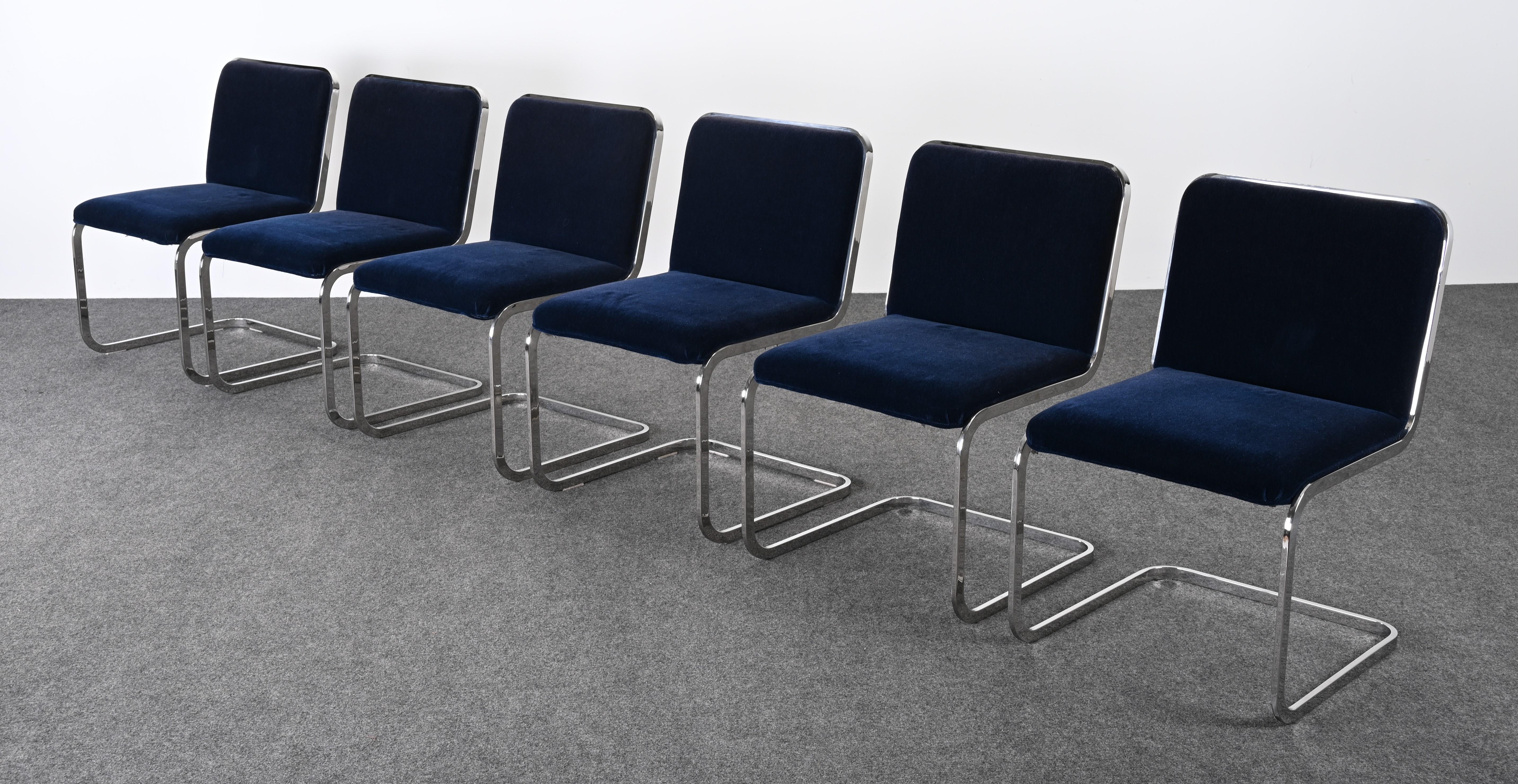 Mid-Century Modern Set of Six Stainless Steel Cantilever Dining Chairs by Brueton, 1980s For Sale