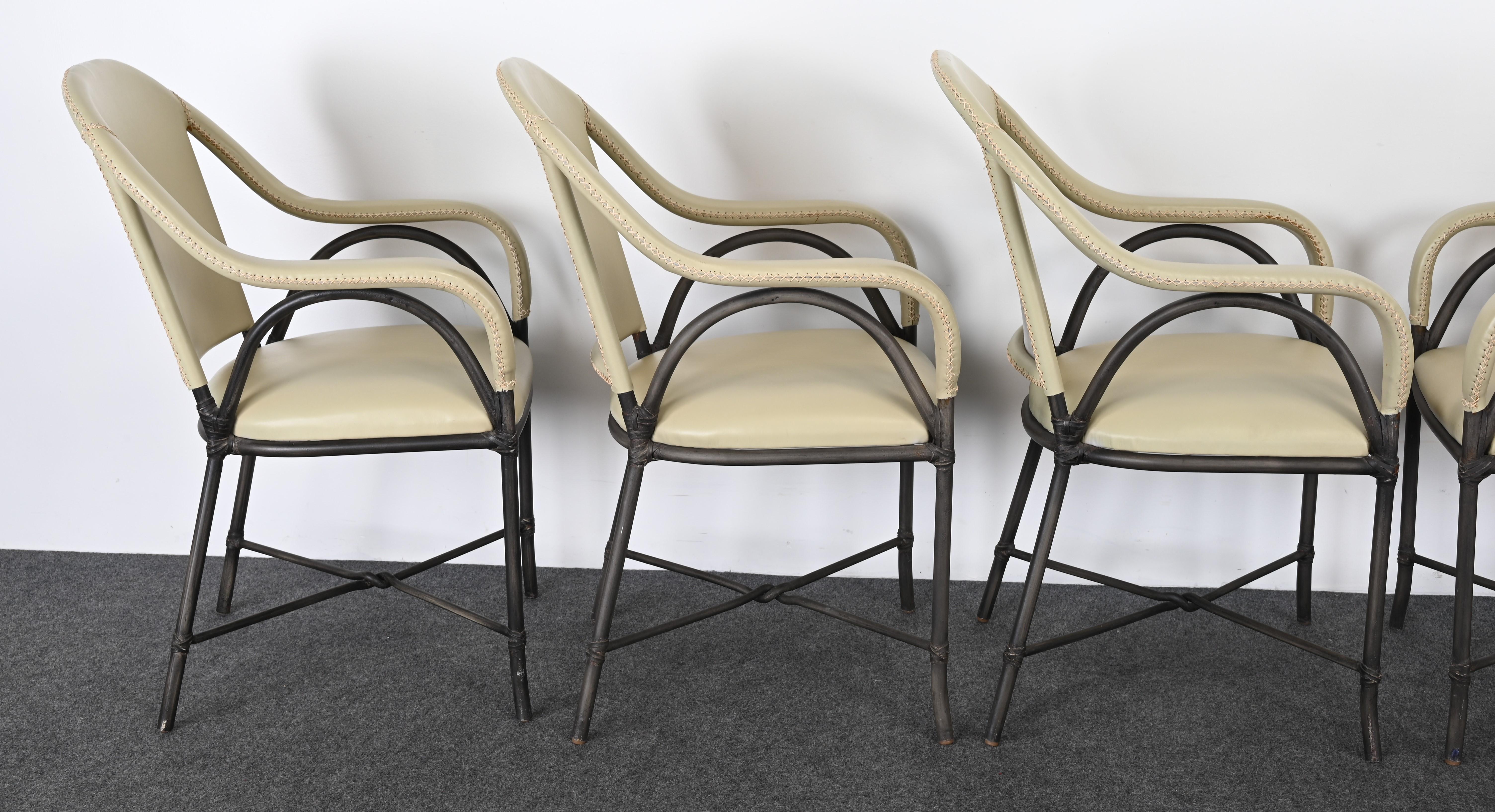 Set of Six Steel and Leather Dining Chairs in the Manner of McGuire For Sale 10