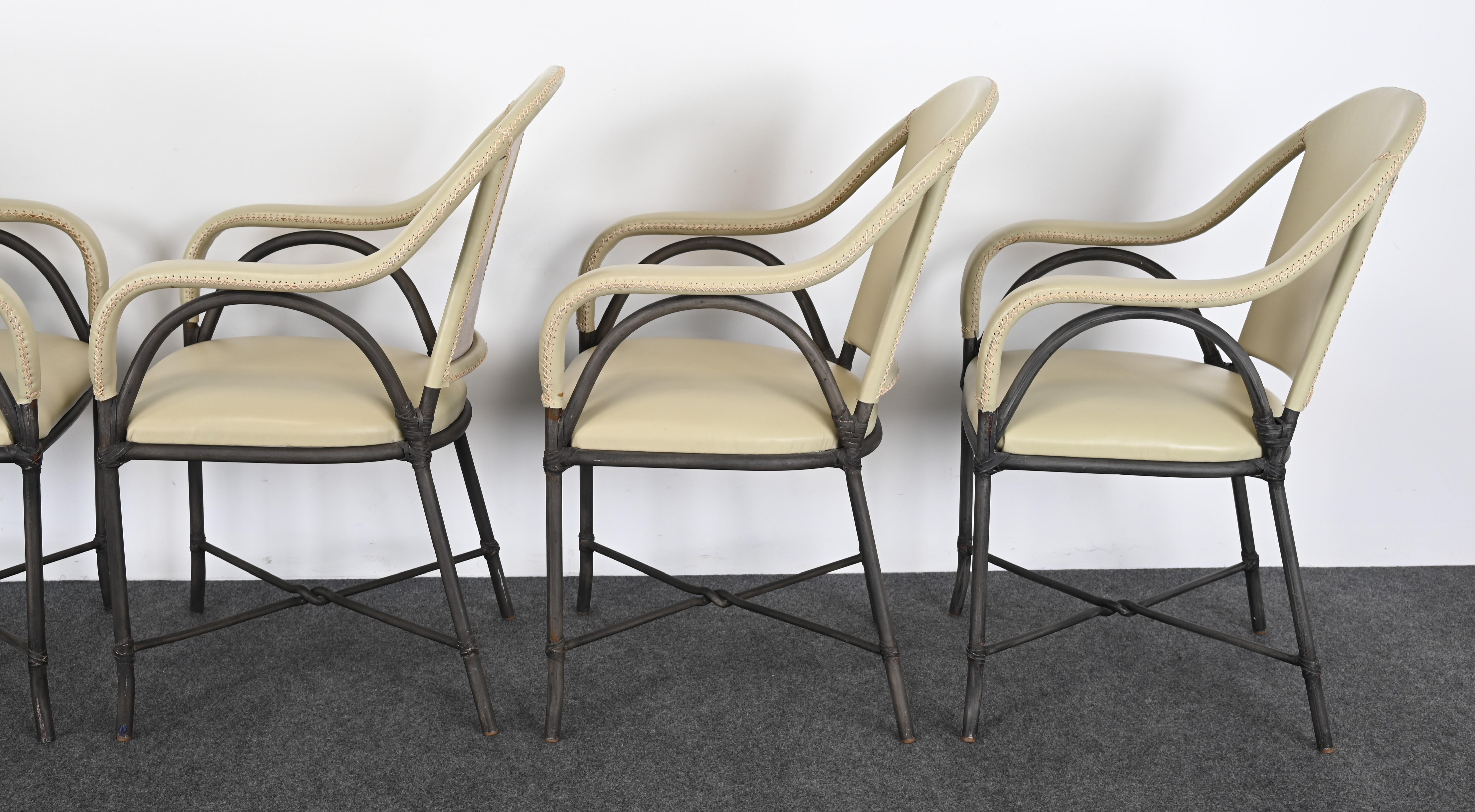 Set of Six Steel and Leather Dining Chairs in the Manner of McGuire For Sale 11