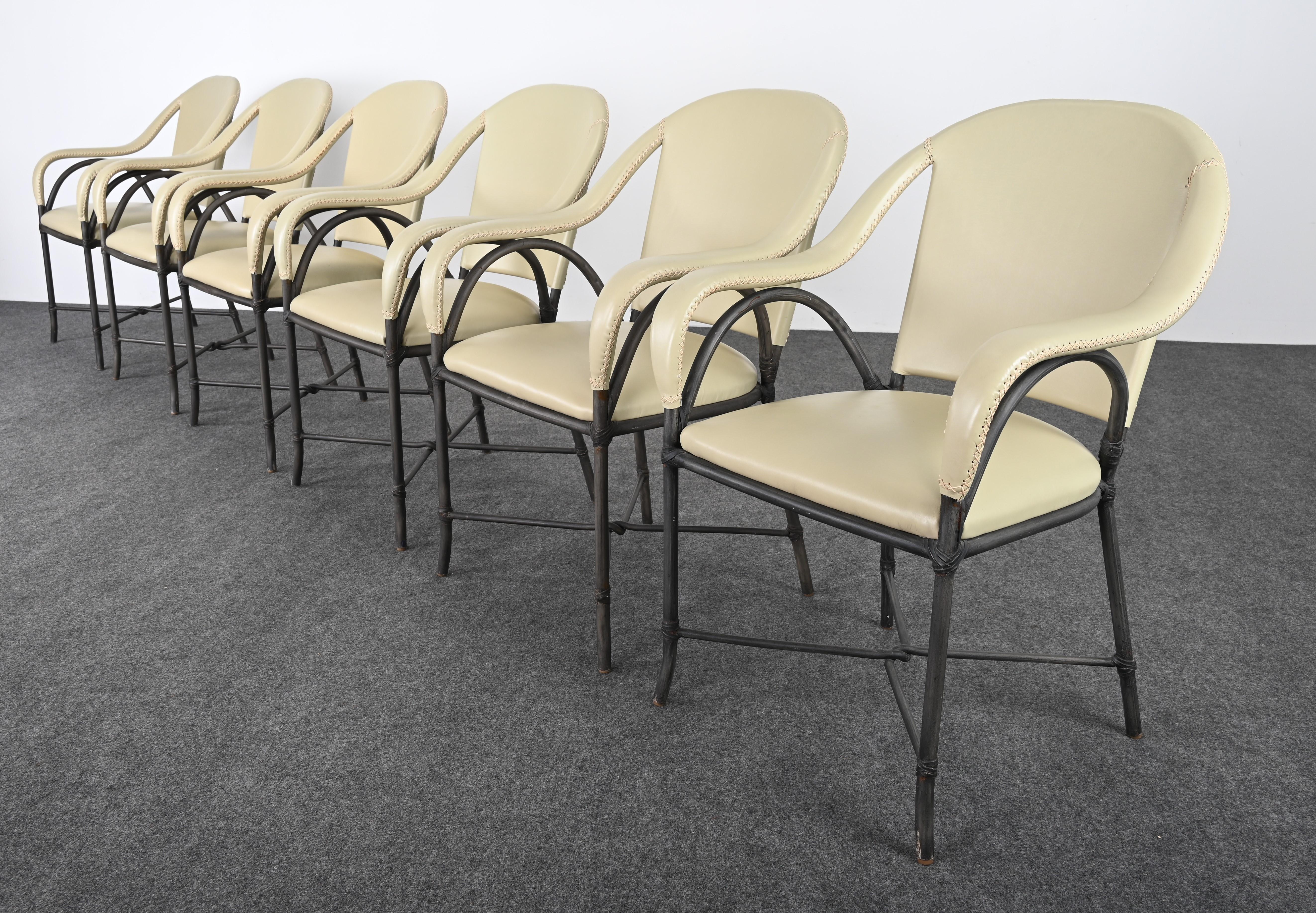 20th Century Set of Six Steel and Leather Dining Chairs in the Manner of McGuire For Sale