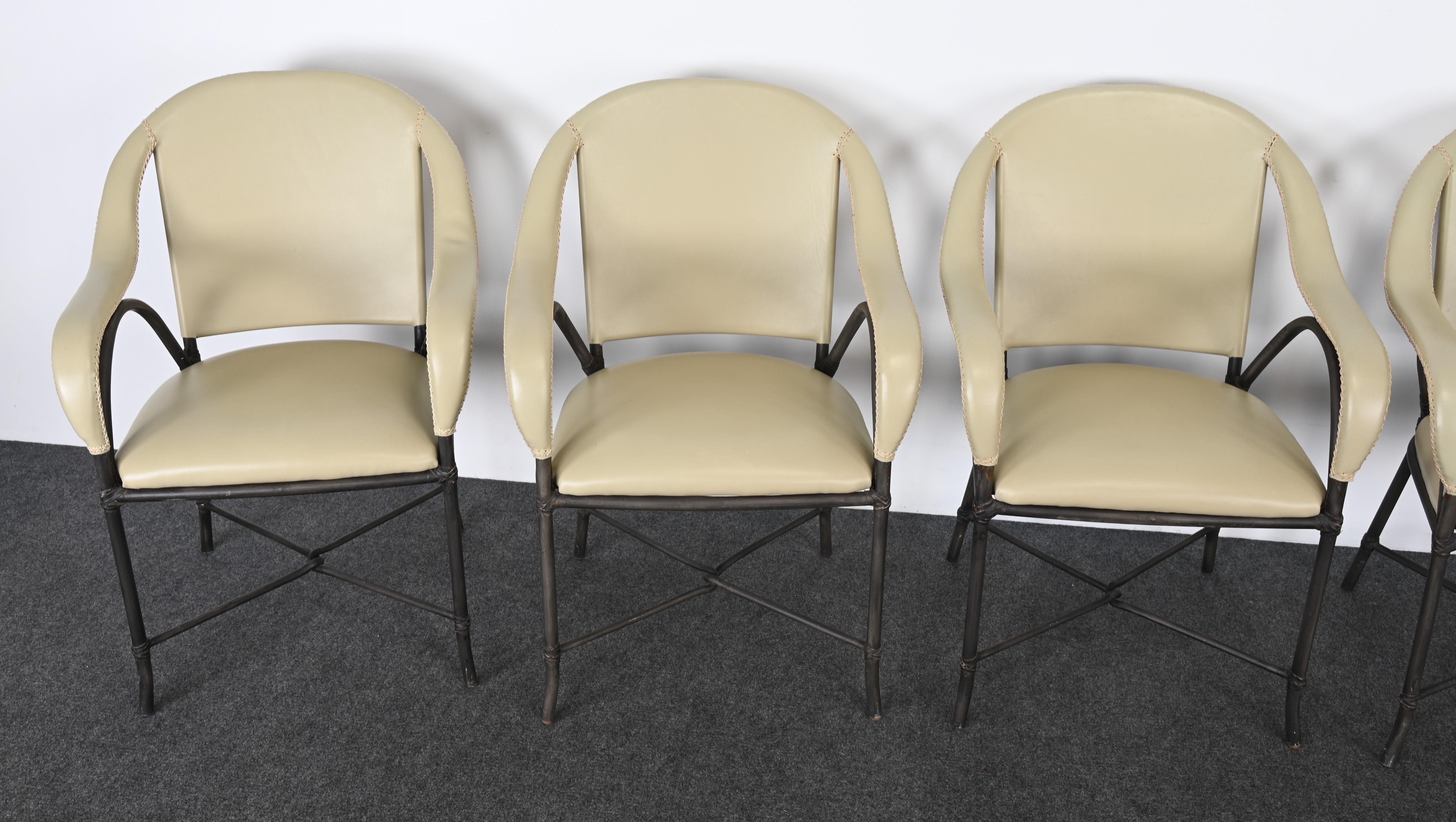 Set of Six Steel and Leather Dining Chairs in the Manner of McGuire For Sale 2