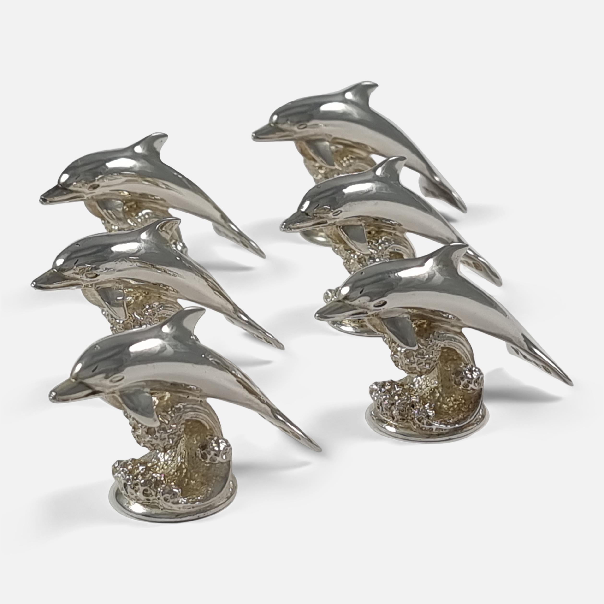 British Set of Six Sterling Silver Menu Place Card Holders, Garrard & Co, 1997 For Sale