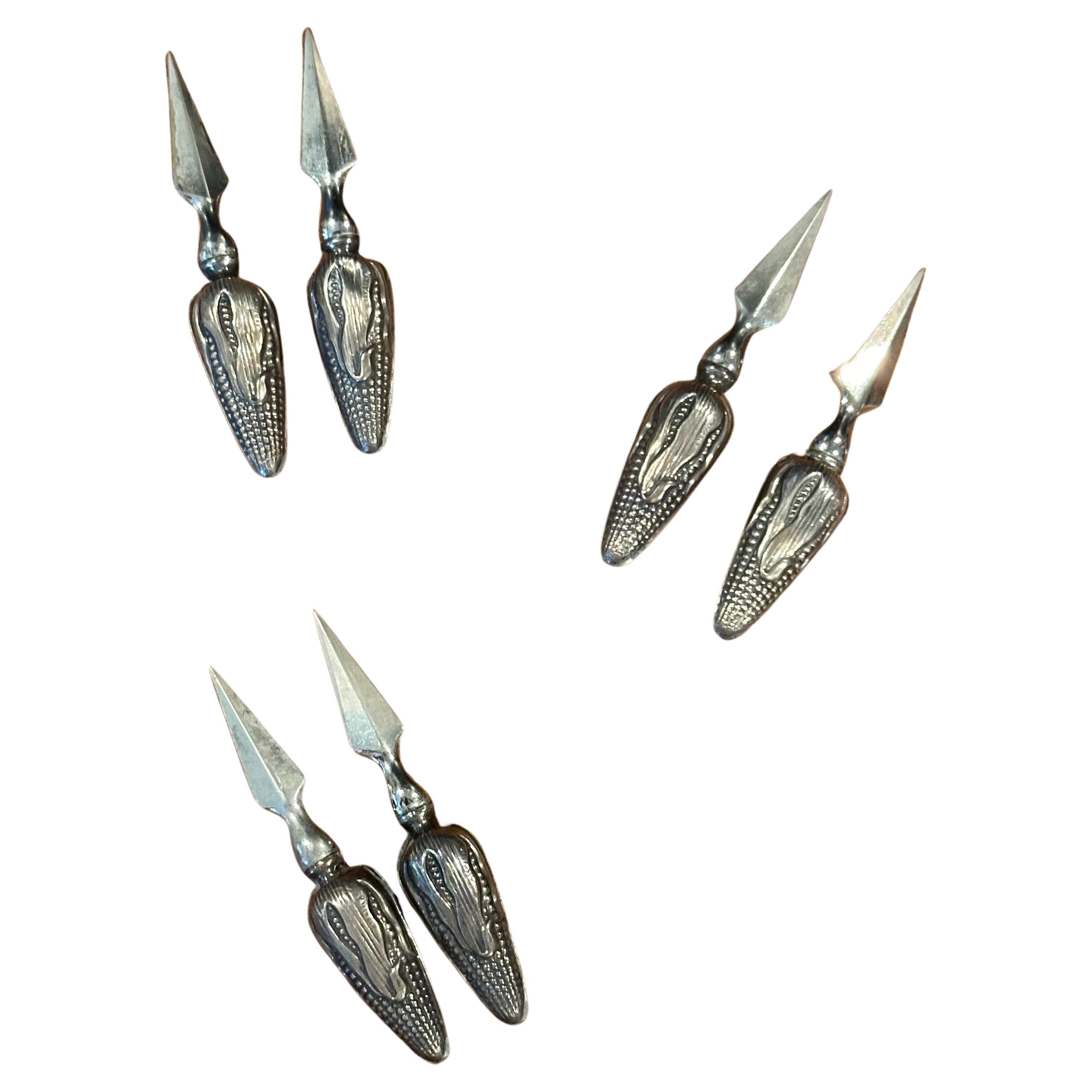 Caribbean Set of Six Sterling Silver Sweet Corn Forks / Holders For Sale