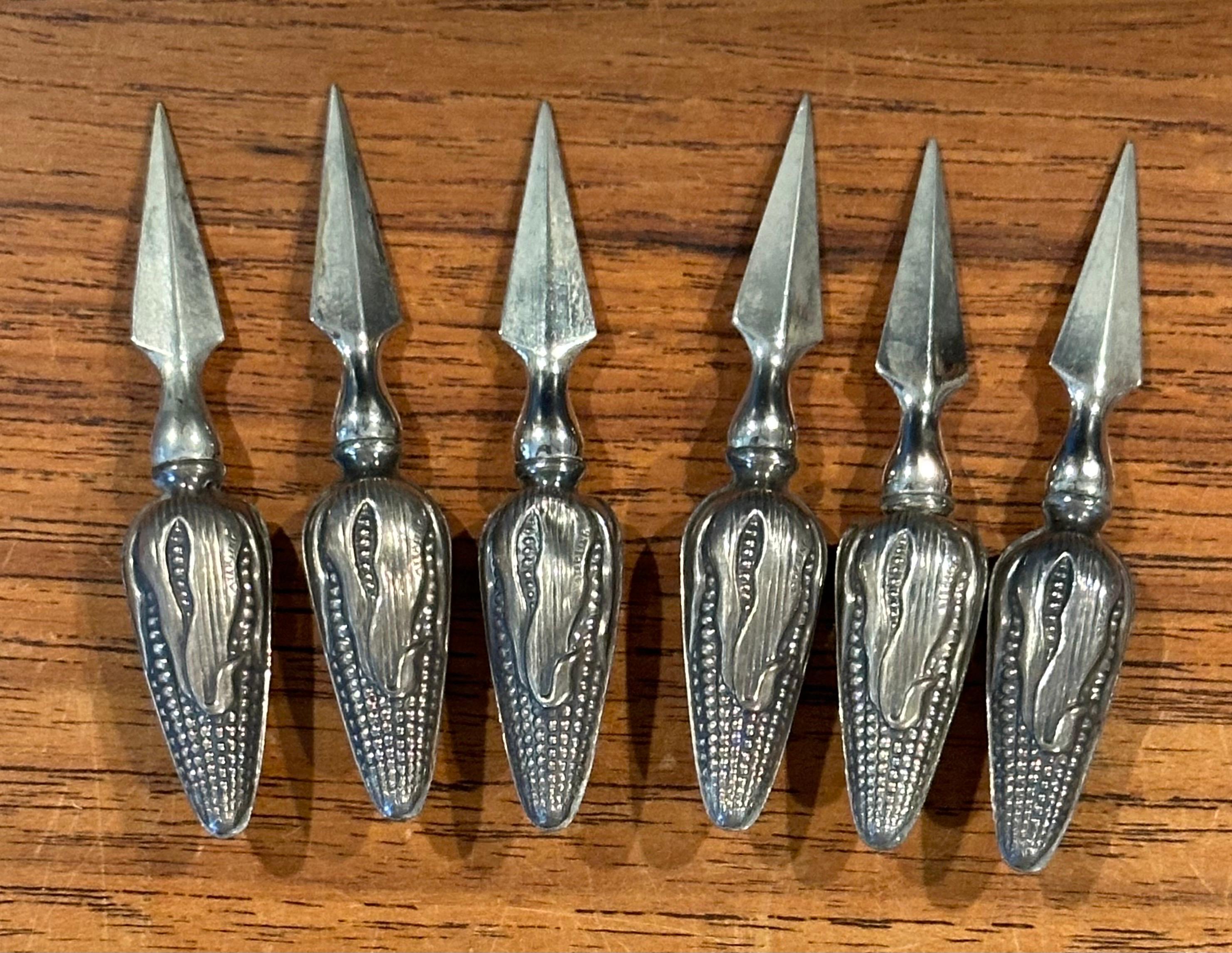20th Century Set of Six Sterling Silver Sweet Corn Forks / Holders For Sale