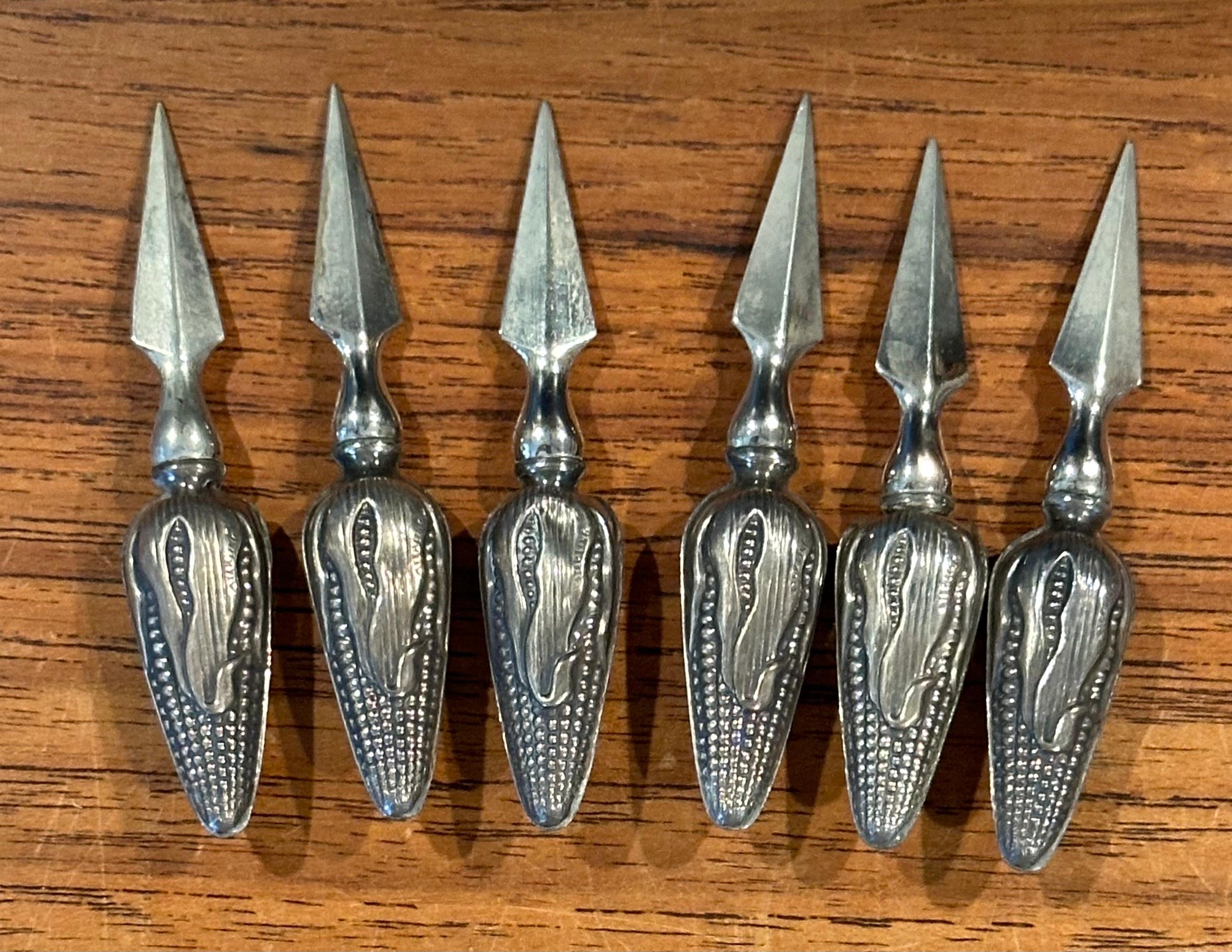 20th Century Set of Six Sterling Silver Sweet Corn Forks / Holders