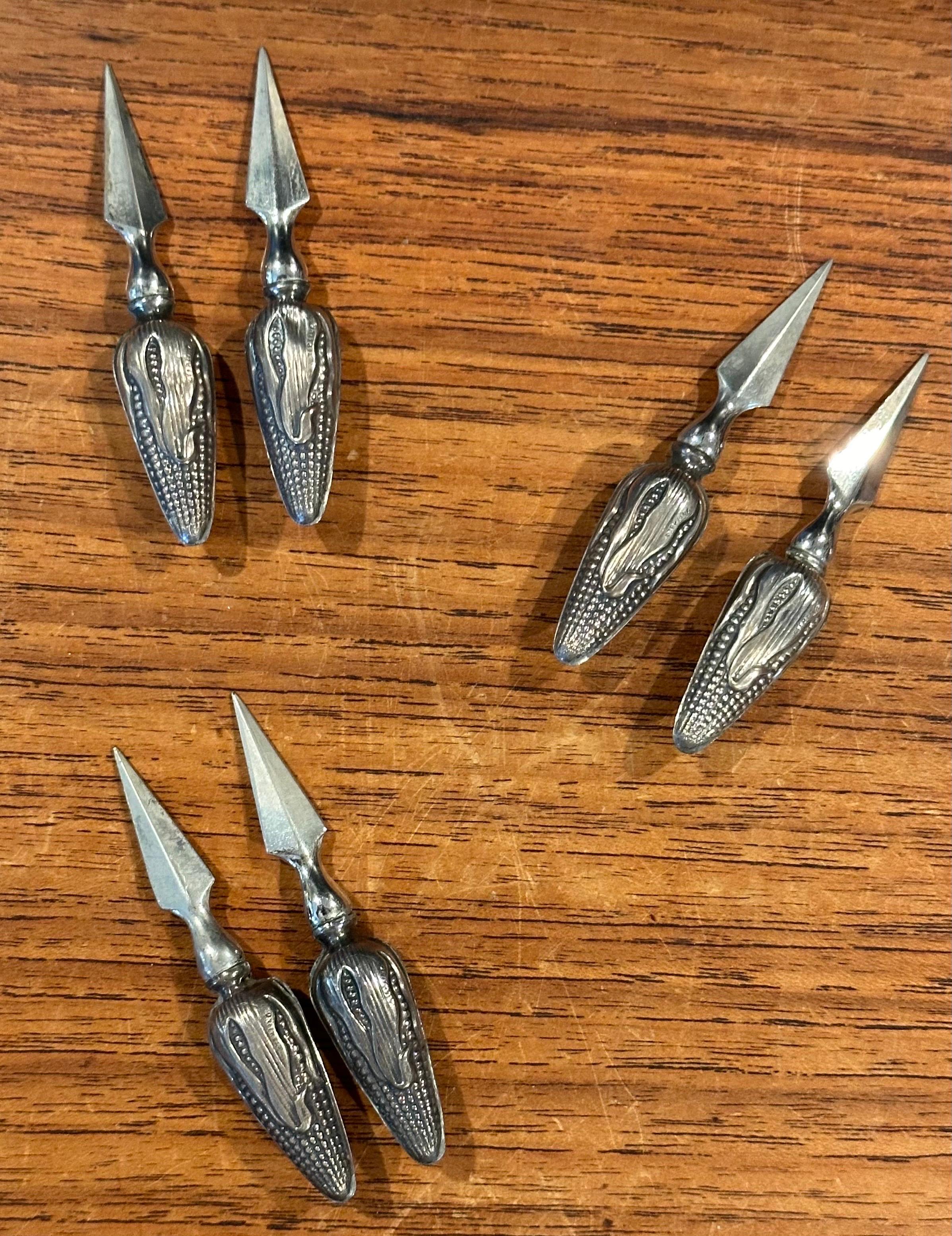 Set of Six Sterling Silver Sweet Corn Forks / Holders For Sale 2