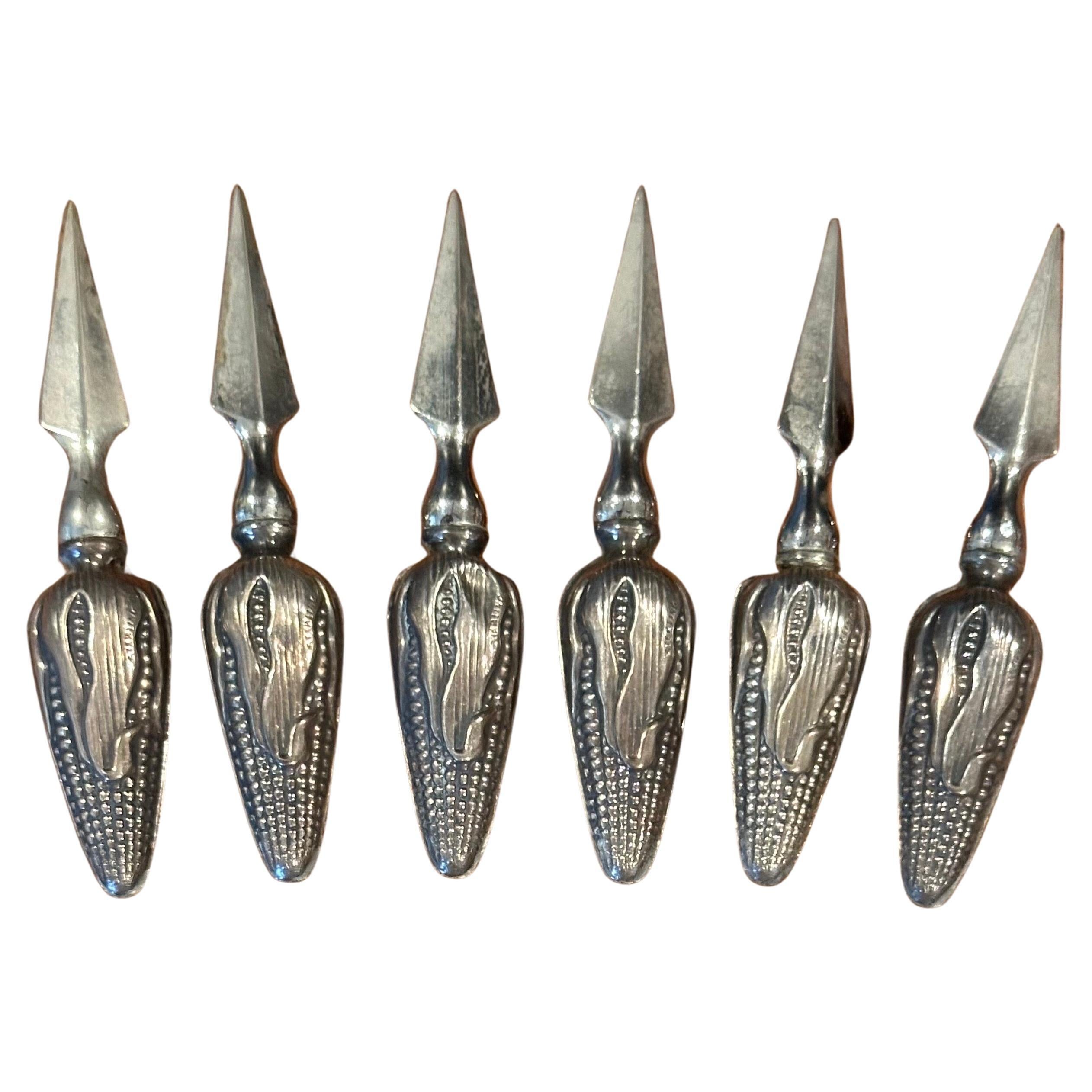 Set of Six Sterling Silver Sweet Corn Forks / Holders For Sale