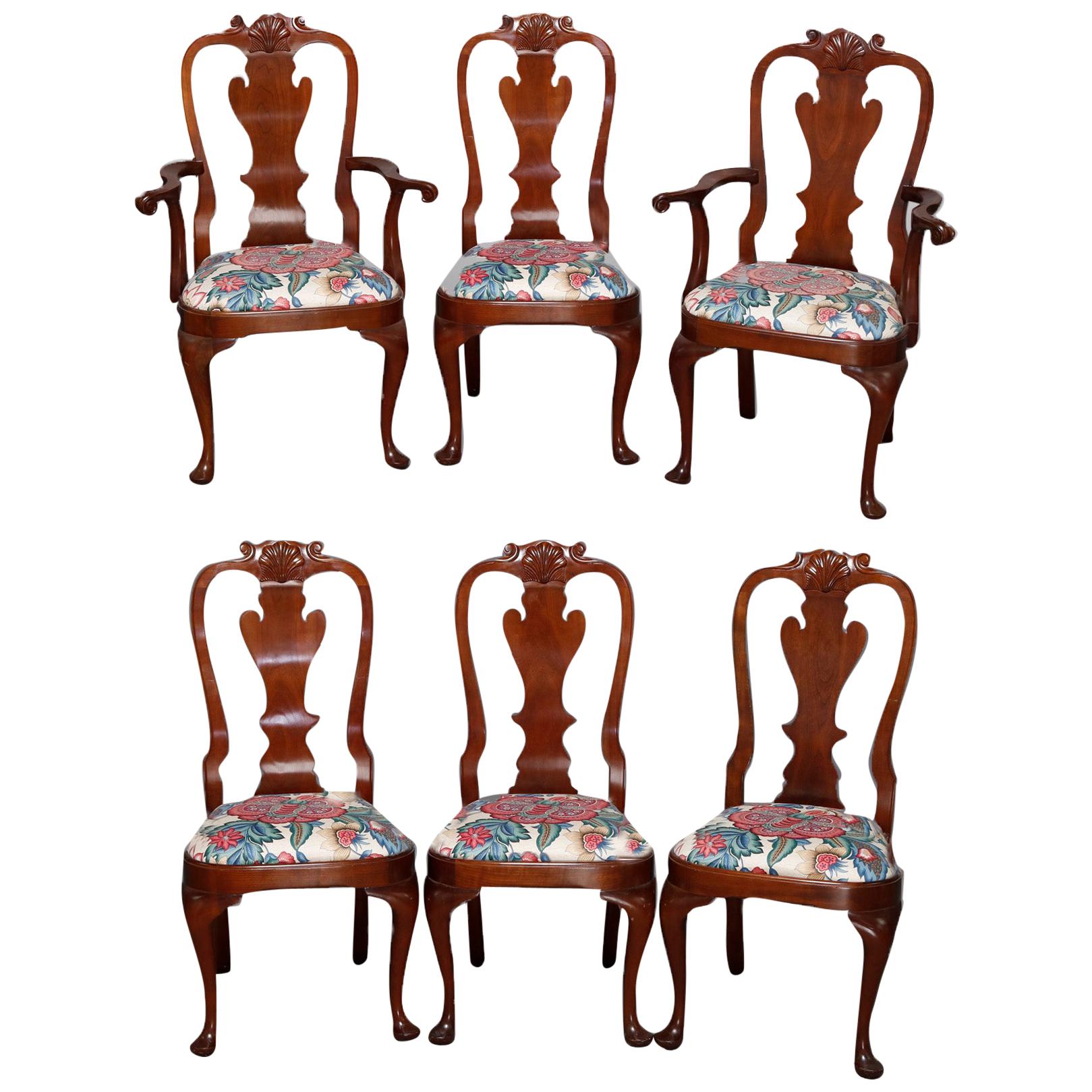 Set of Six Stickley Queen Anne Carved Mahogany Dining Chairs, circa 1987