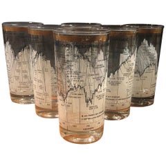 Set of Six Stock Market / Wall Street / Dow Jones / High Ball Glasses by Cera