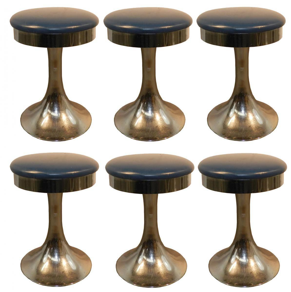 Set of Six Stools in Chrome and Faux Leather, USA, circa 1960-1970
