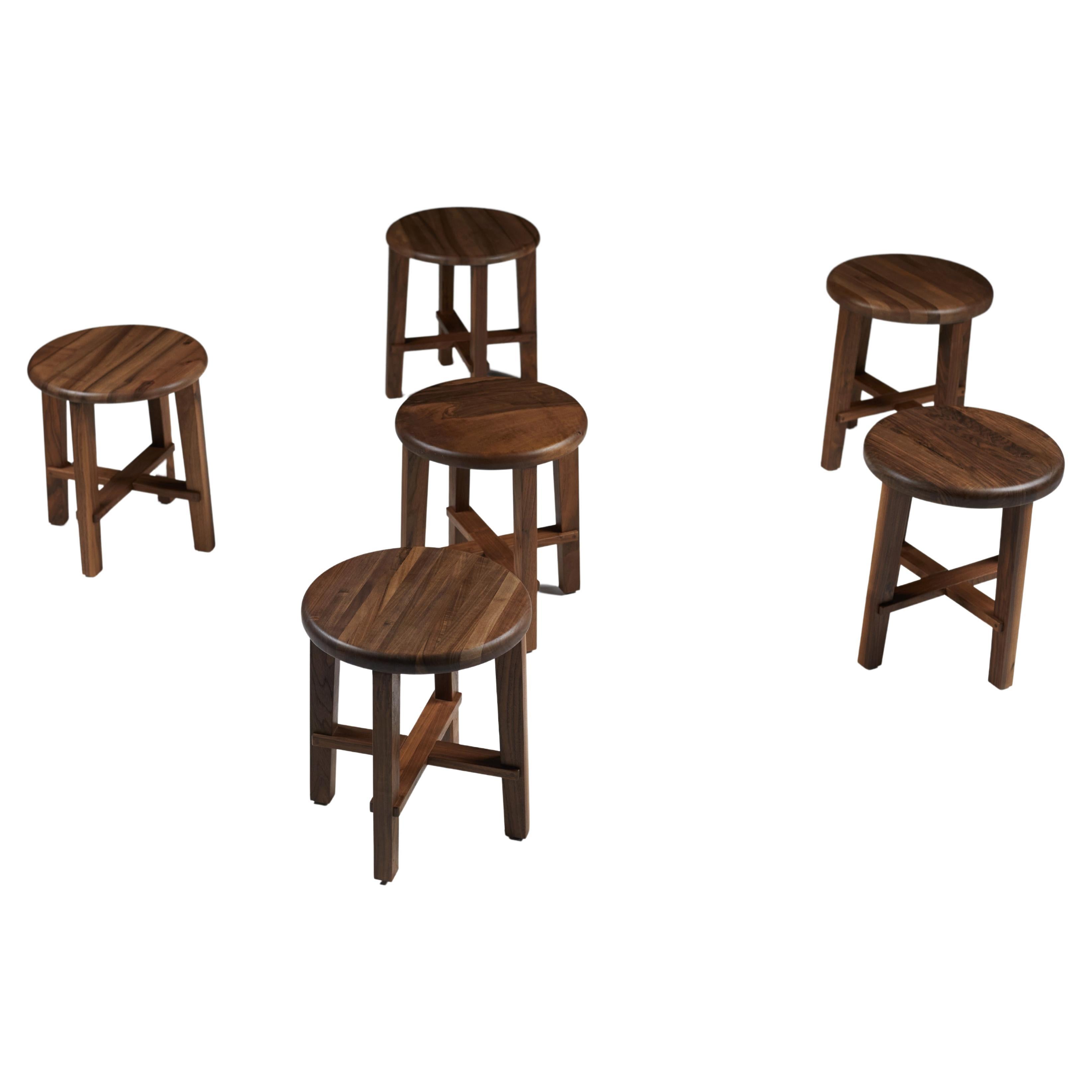 Set of Six Stools in Walnut For Sale