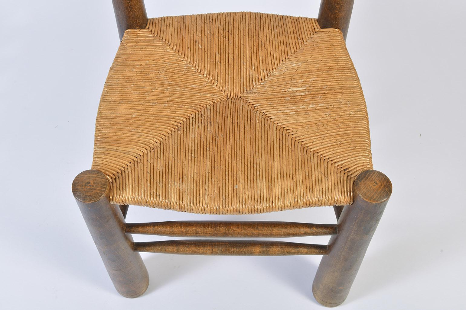 Set of Six Straw Seat and Oak Dining Chairs in the Style of Jean Royère 1