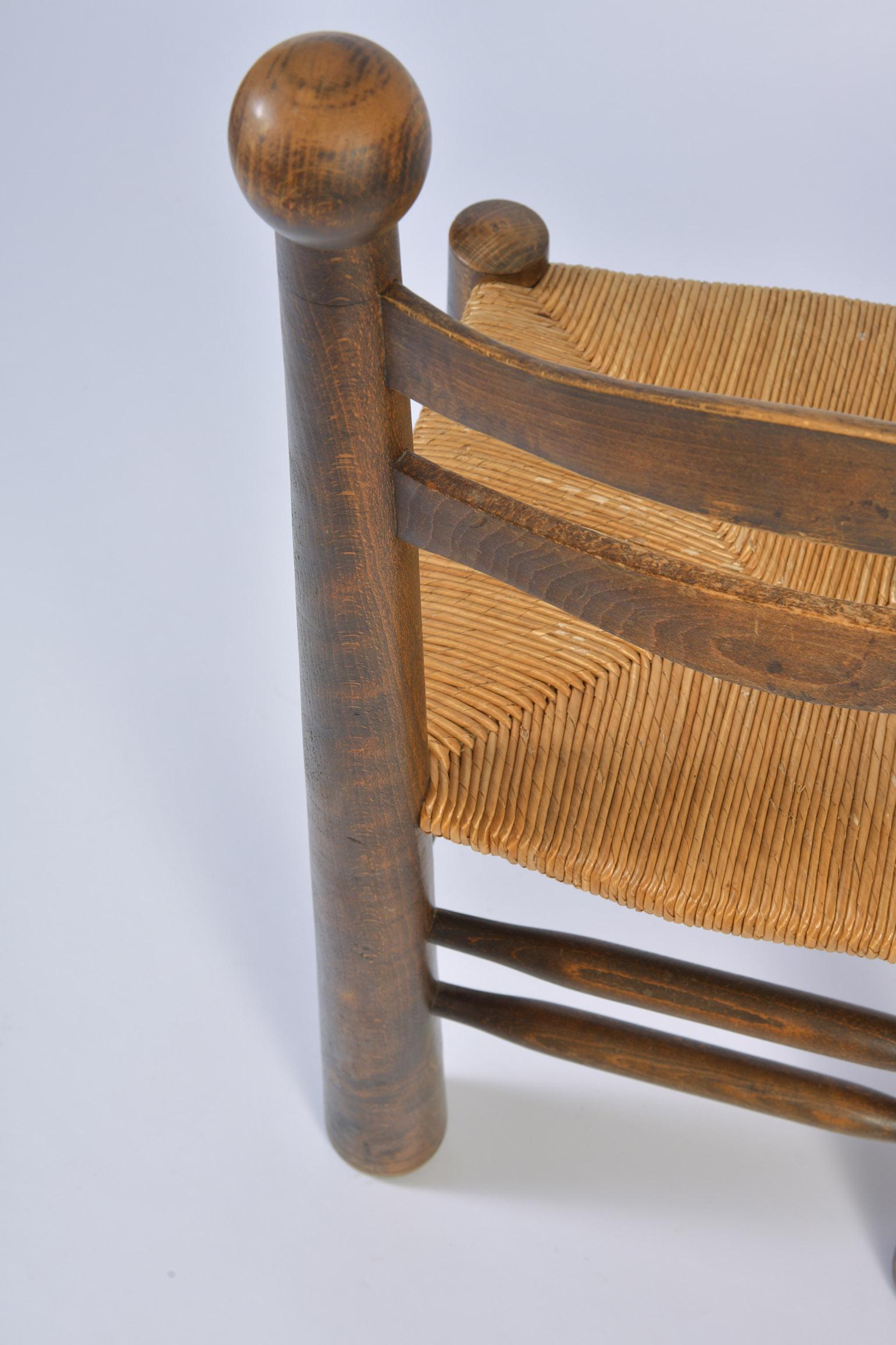Set of Six Straw Seat and Oak Dining Chairs in the Style of Jean Royère In Good Condition In London, GB
