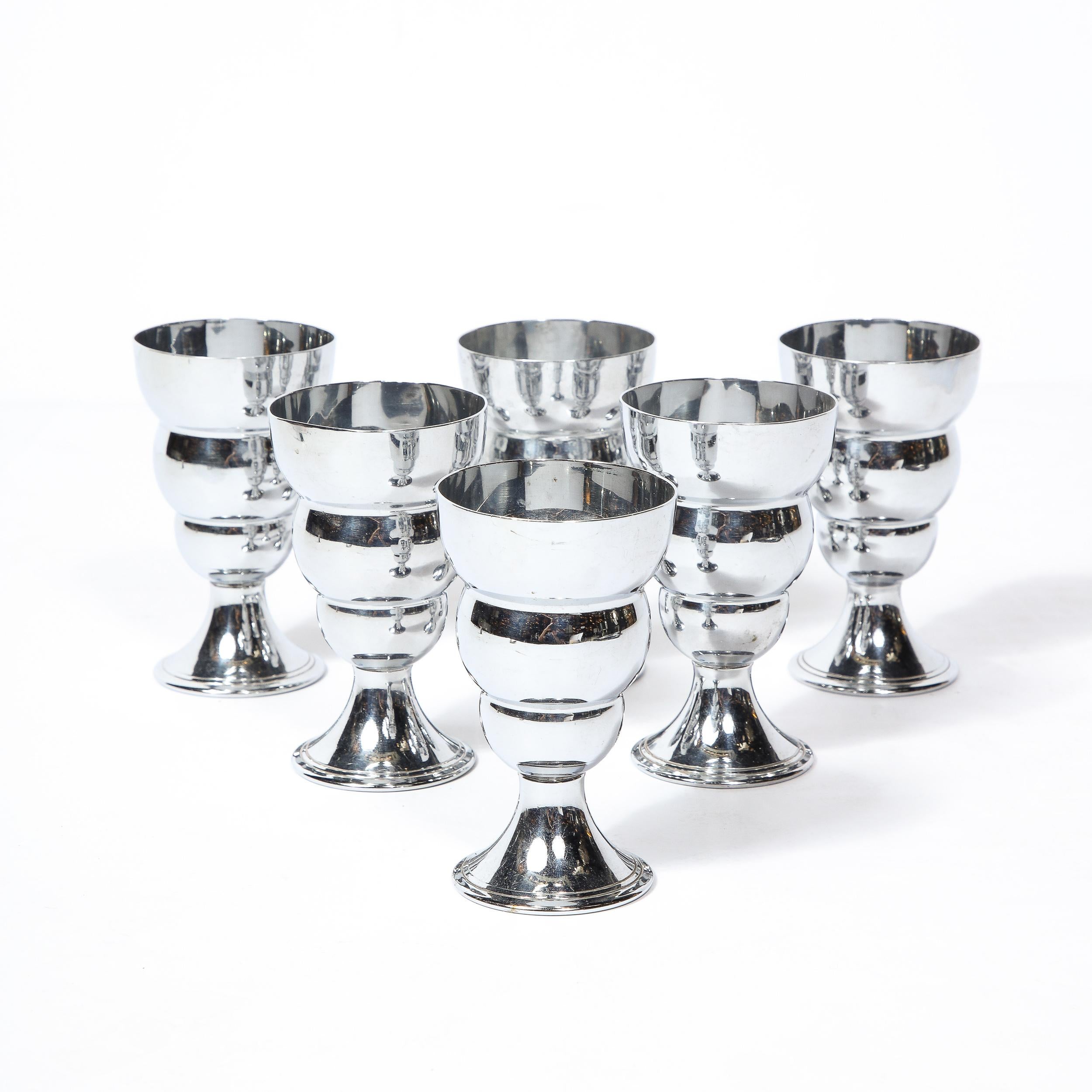 American Set of Six Streamline Machine Age Art Deco Cocktail Glasses in Chrome  For Sale