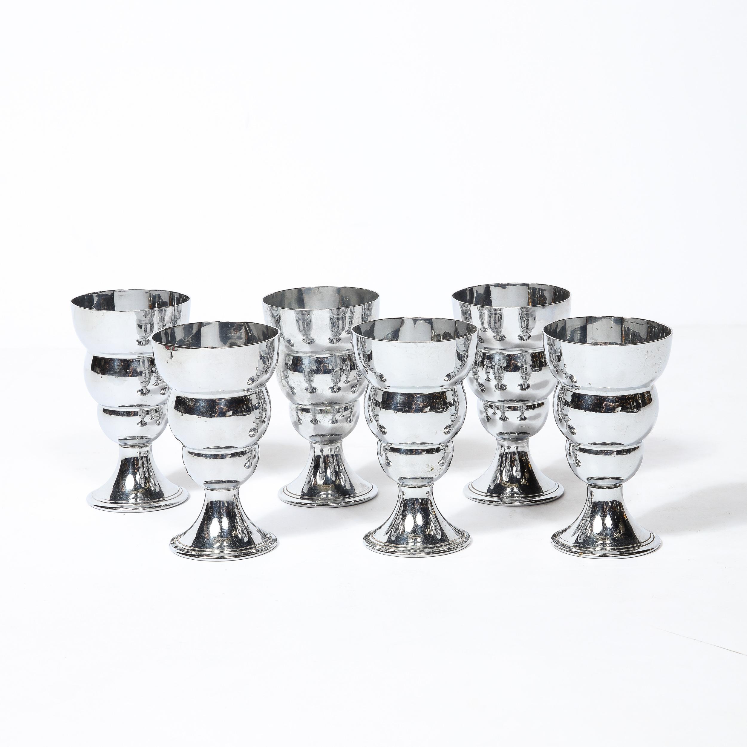 Set of Six Streamline Machine Age Art Deco Cocktail Glasses in Chrome  In Good Condition For Sale In New York, NY