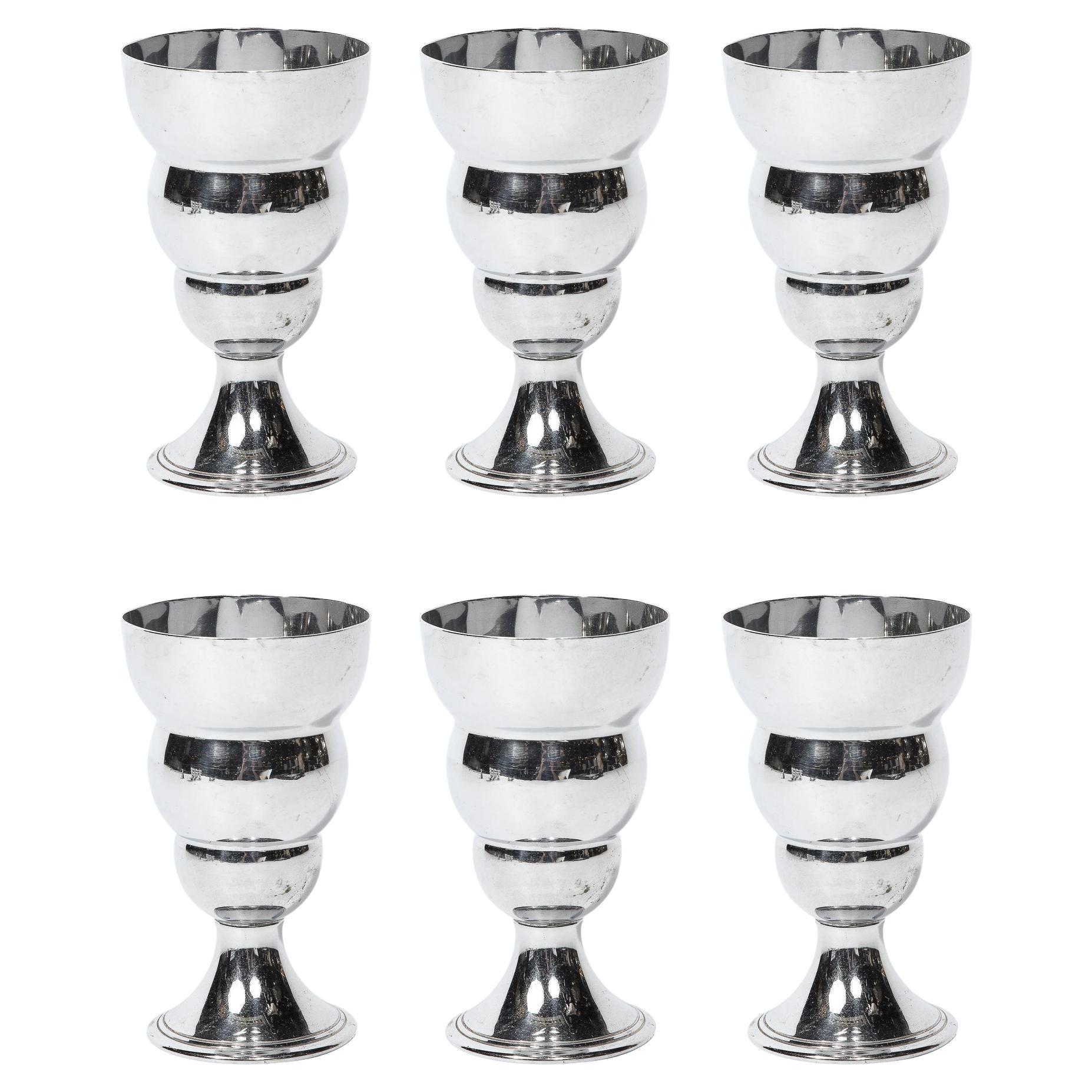 Set of Six Streamline Machine Age Art Deco Cocktail Glasses in Chrome  For Sale