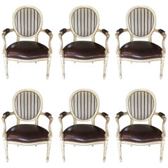 Set of Six Stylish Louis XVI Style Dining Armchairs with Leather and Fabric