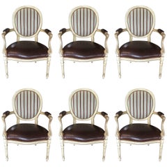 Set of Six Stylish Louis XVI Style Dining Armchairs with Leather and Fabric Set of Six Stylish Louis XVI Style Dining Armchairs with Leather and Fabric