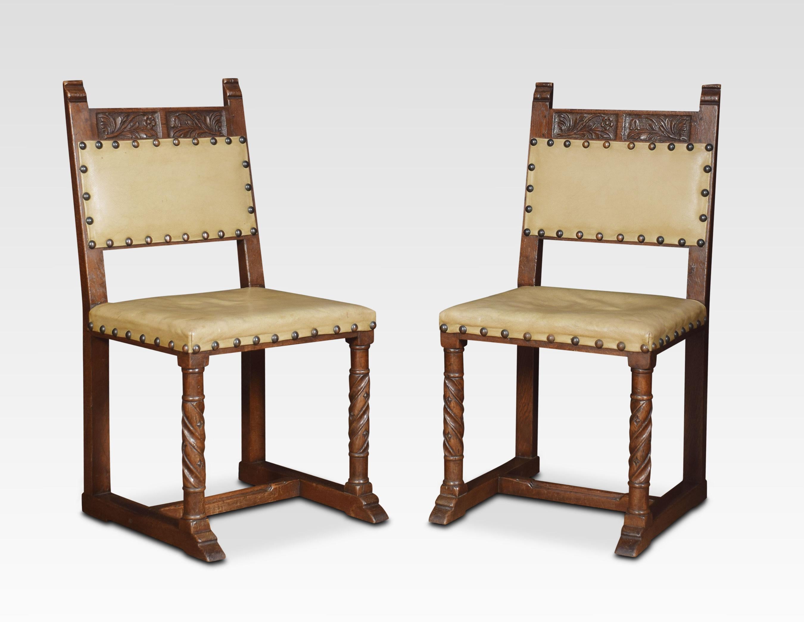Set of six carved dining chairs the carved top rail above leather close nailed backs above overstuffed seats the carvers with out swept arms all raised up on turned front legs united by stretchers.
Dimensions:
Armchairs
Height 37 inches height to