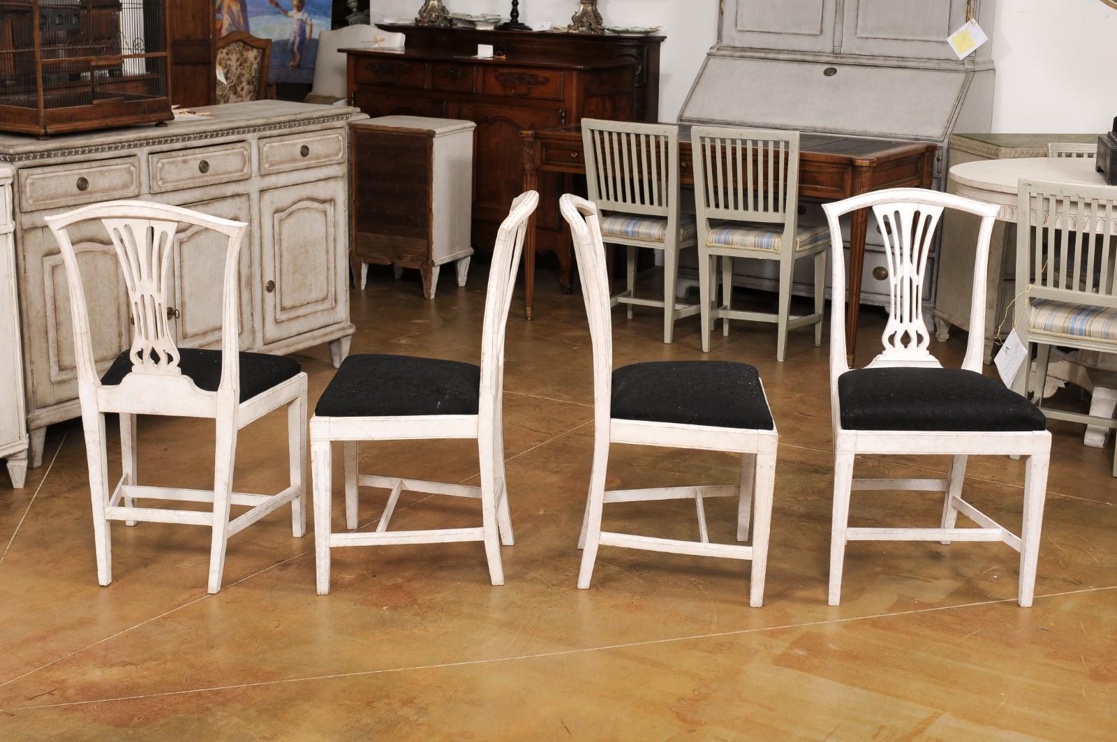 Set of Six Swedish 1890s Painted Wood Dining Room Side Chairs with Black Fabric For Sale 5