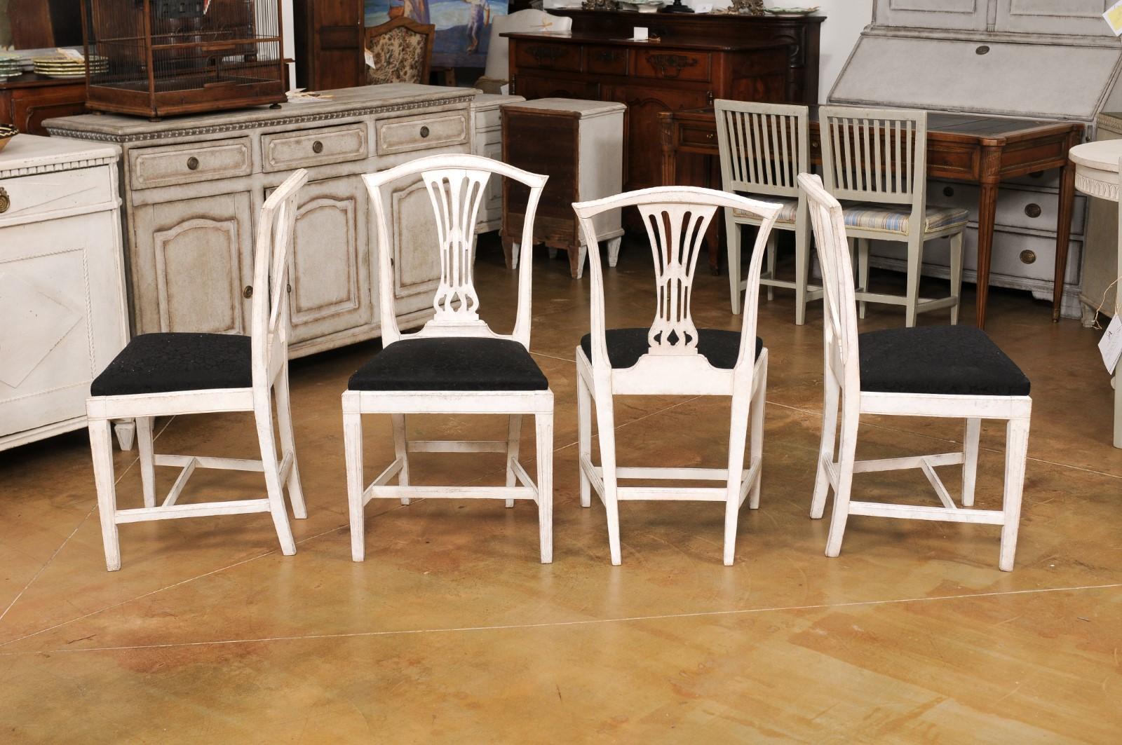 Set of Six Swedish 1890s Painted Wood Dining Room Side Chairs with Black Fabric 7