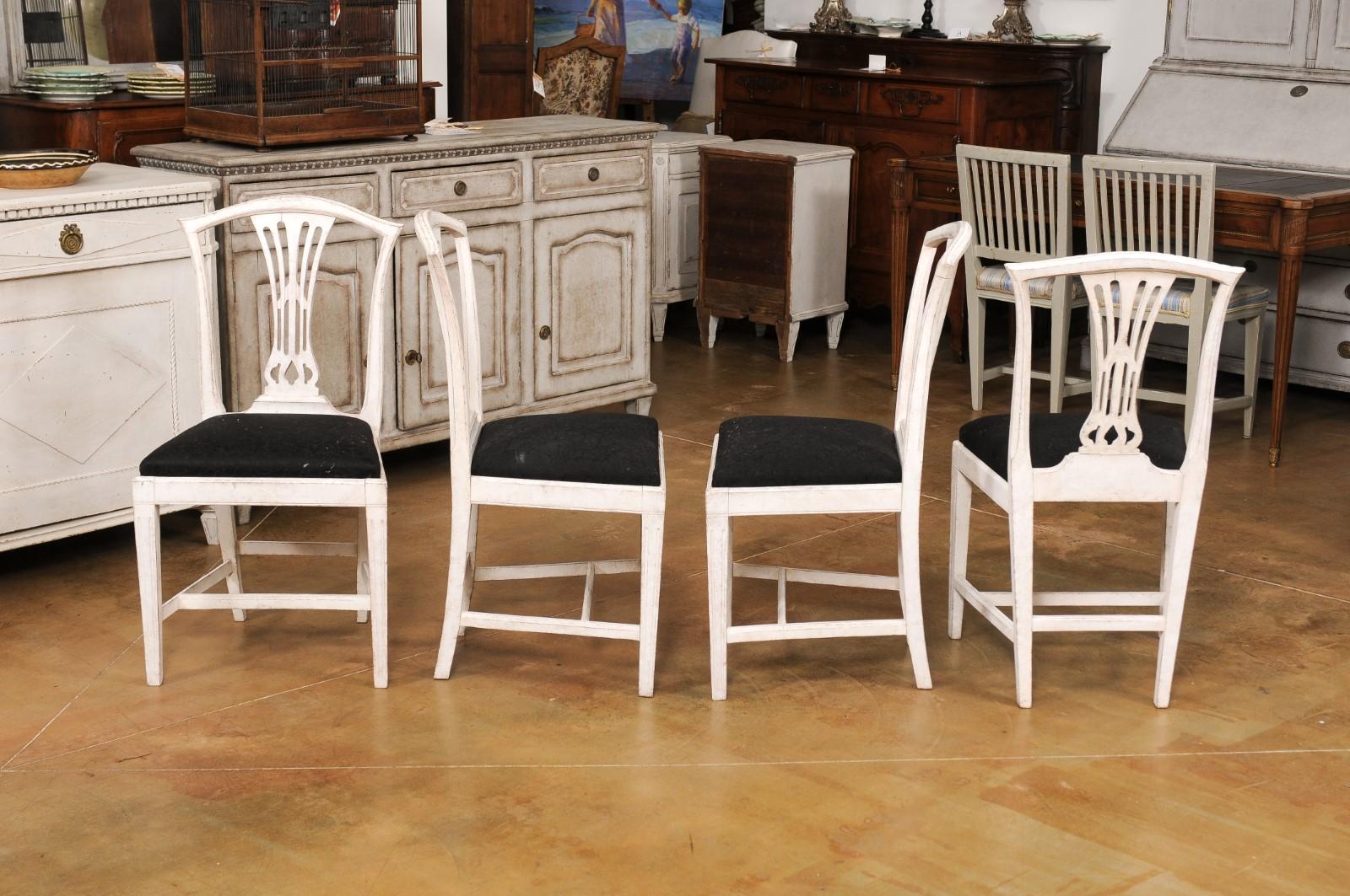 Set of Six Swedish 1890s Painted Wood Dining Room Side Chairs with Black Fabric For Sale 8