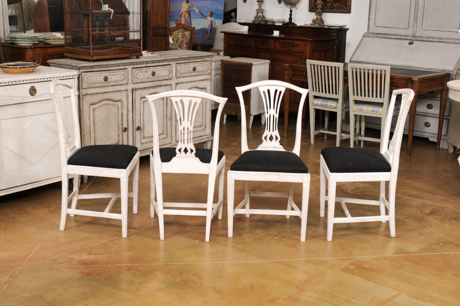 Set of Six Swedish 1890s Painted Wood Dining Room Side Chairs with Black Fabric For Sale 9