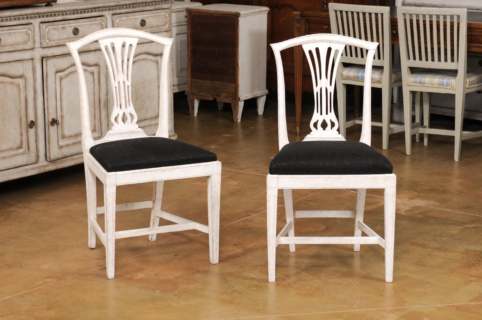 Carved Set of Six Swedish 1890s Painted Wood Dining Room Side Chairs with Black Fabric For Sale