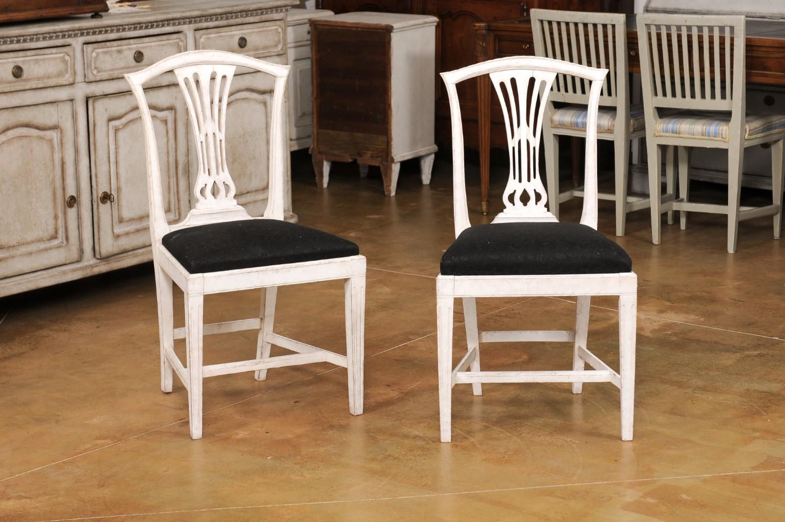Set of Six Swedish 1890s Painted Wood Dining Room Side Chairs with Black Fabric In Good Condition For Sale In Atlanta, GA