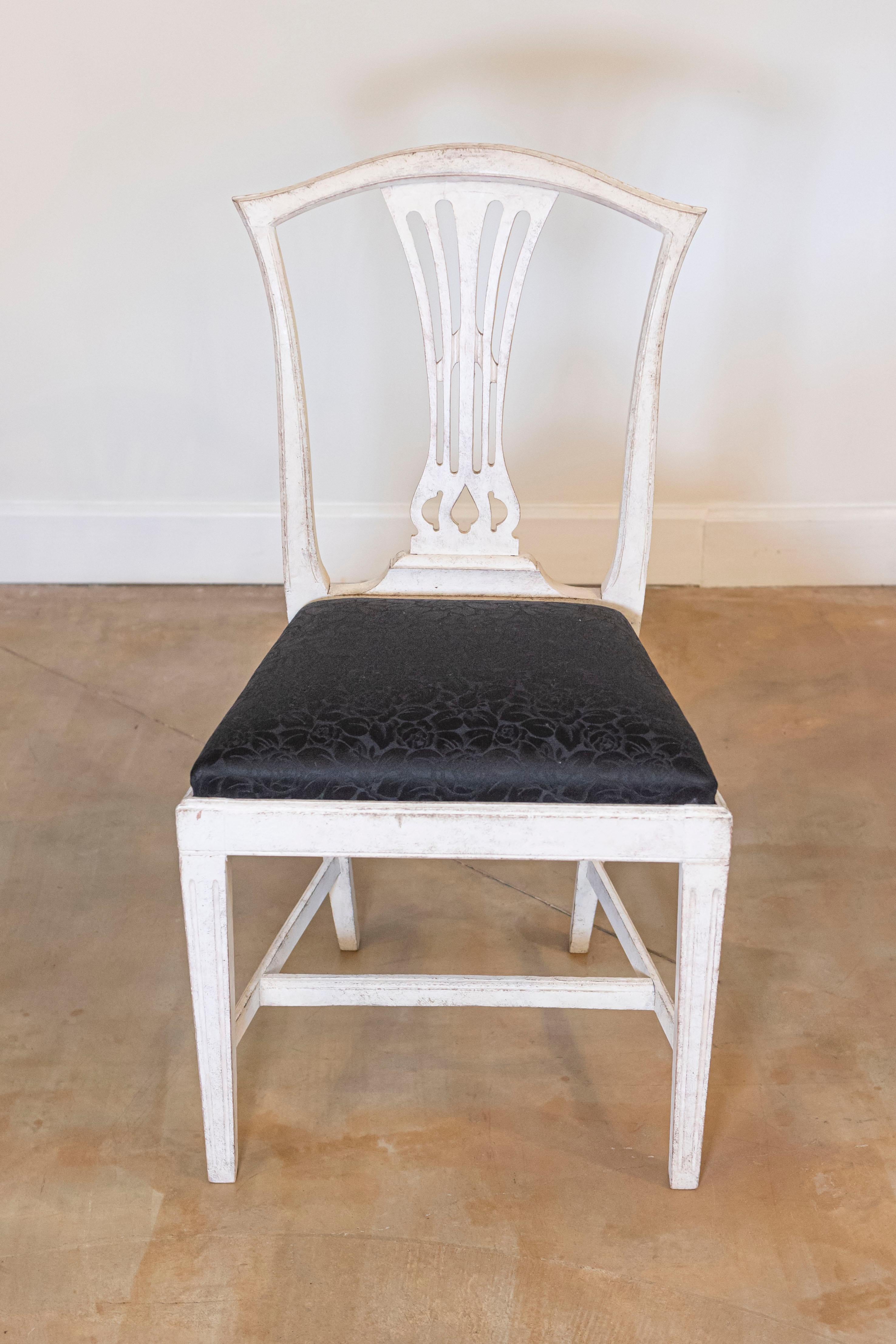 Set of Six Swedish 1890s Painted Wood Dining Room Side Chairs with Black Fabric In Good Condition For Sale In Atlanta, GA