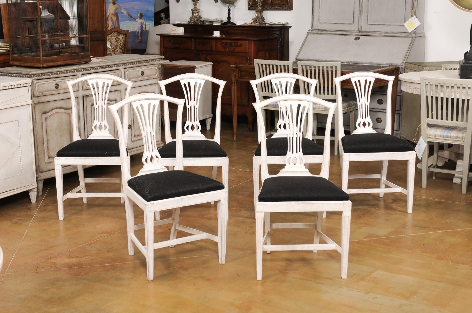 19th Century Set of Six Swedish 1890s Painted Wood Dining Room Side Chairs with Black Fabric