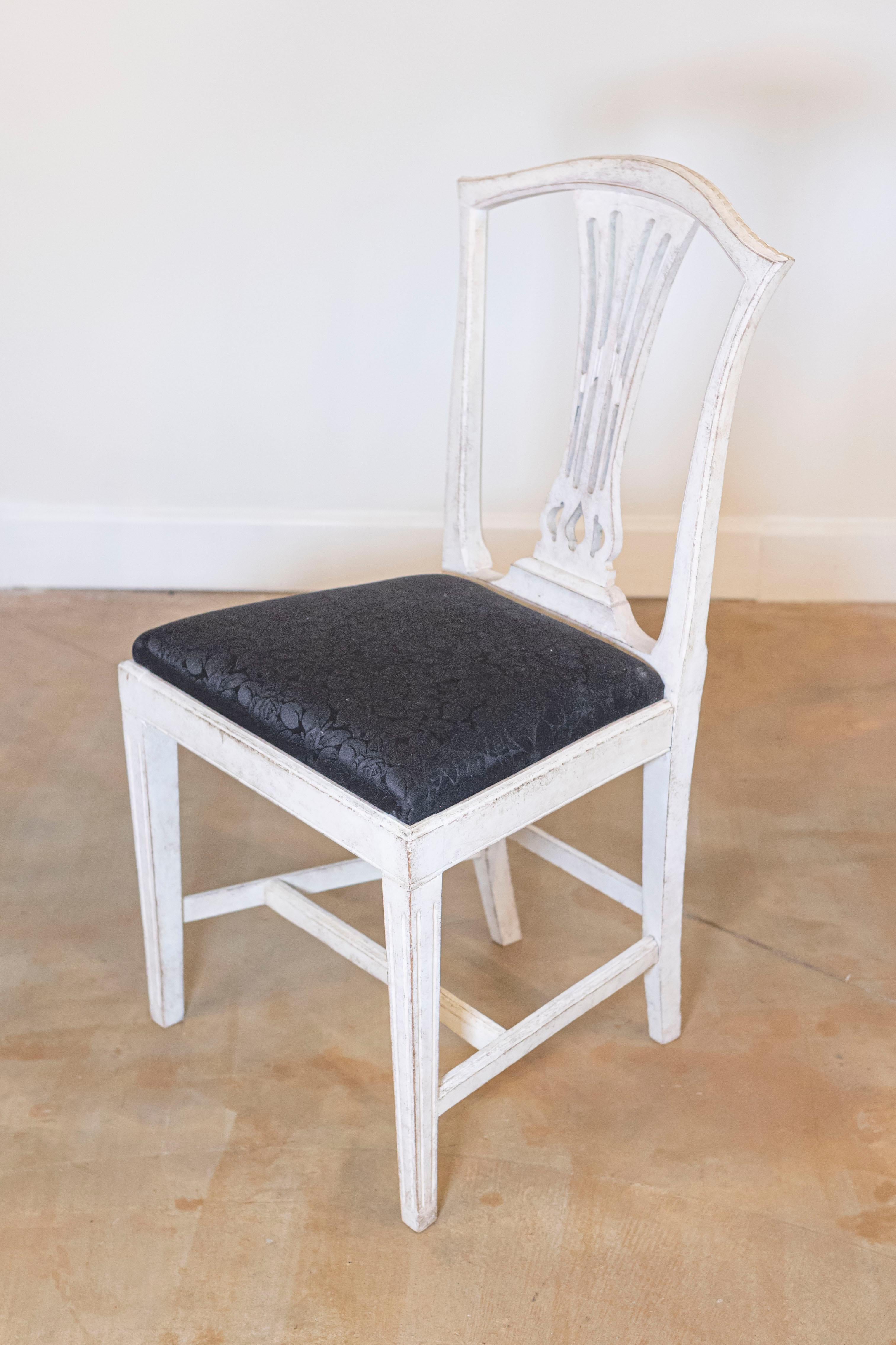19th Century Set of Six Swedish 1890s Painted Wood Dining Room Side Chairs with Black Fabric For Sale